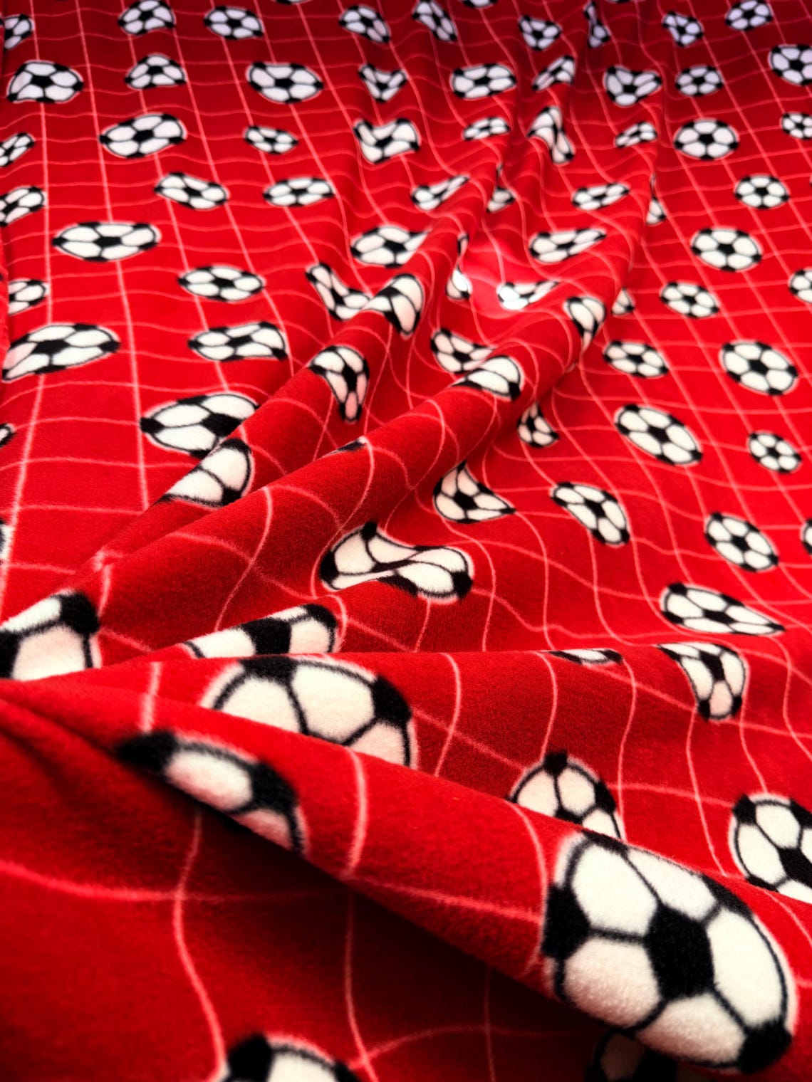 Soccer Ball Print - Anti Pill Theme Fleece Fabric, 60” Inches Wide – Sold By The Yard Red