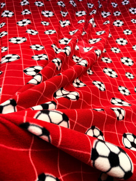 Soccer Ball Print - Anti Pill Theme Fleece Fabric, 60” Inches Wide – Sold By The Yard Red