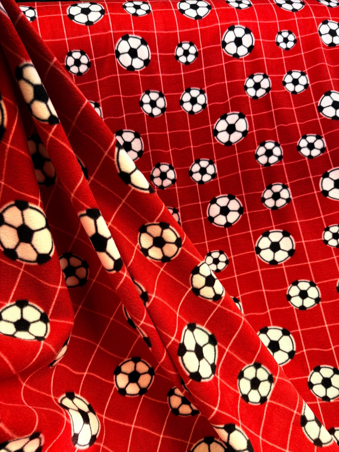 Soccer Ball Print - Anti Pill Theme Fleece Fabric, 60” Inches Wide – Sold By The Yard Red