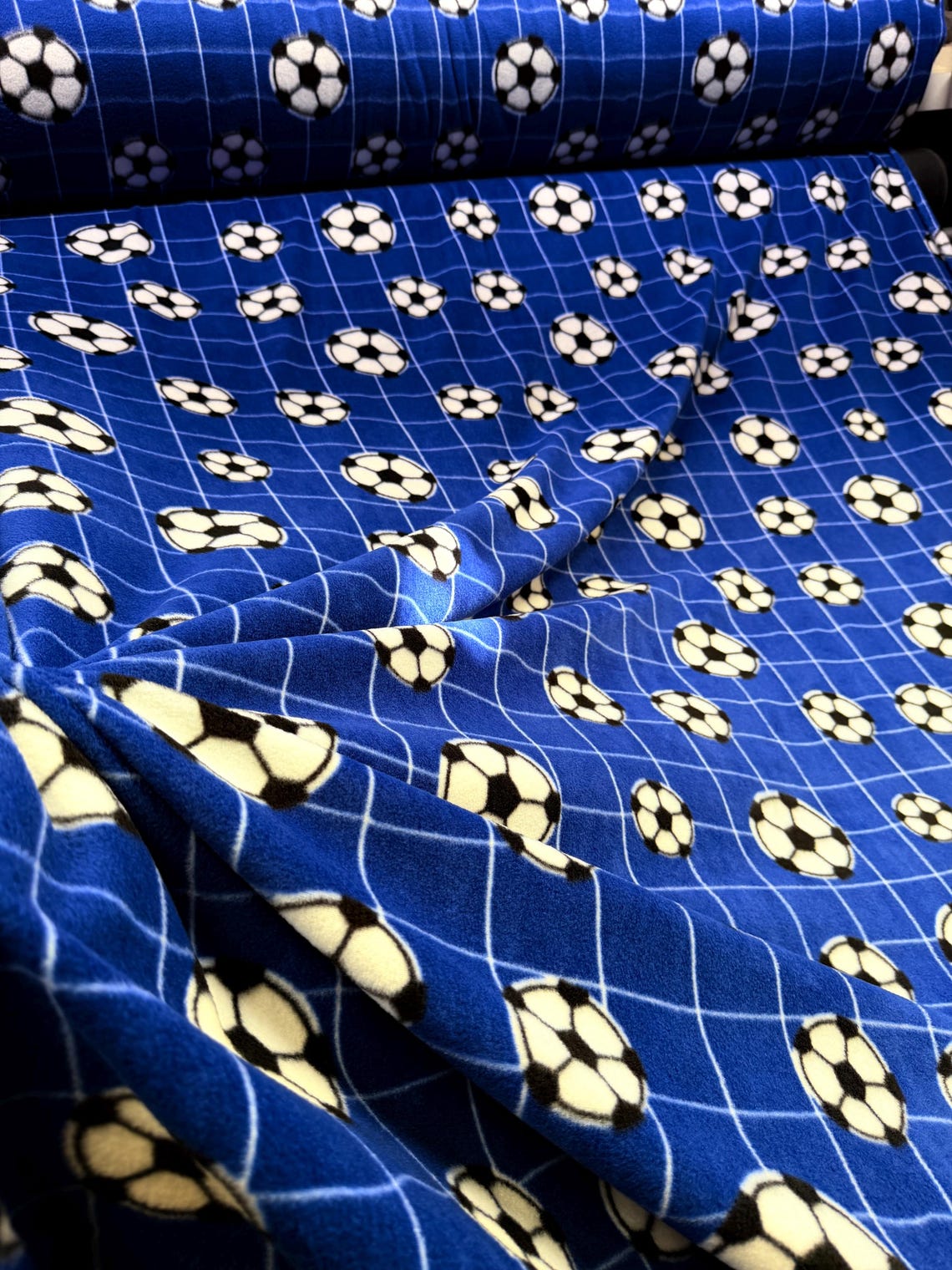Soccer Ball Print - Anti Pill Theme Fleece Fabric, 60” Inches Wide – Sold By The Yard Blue