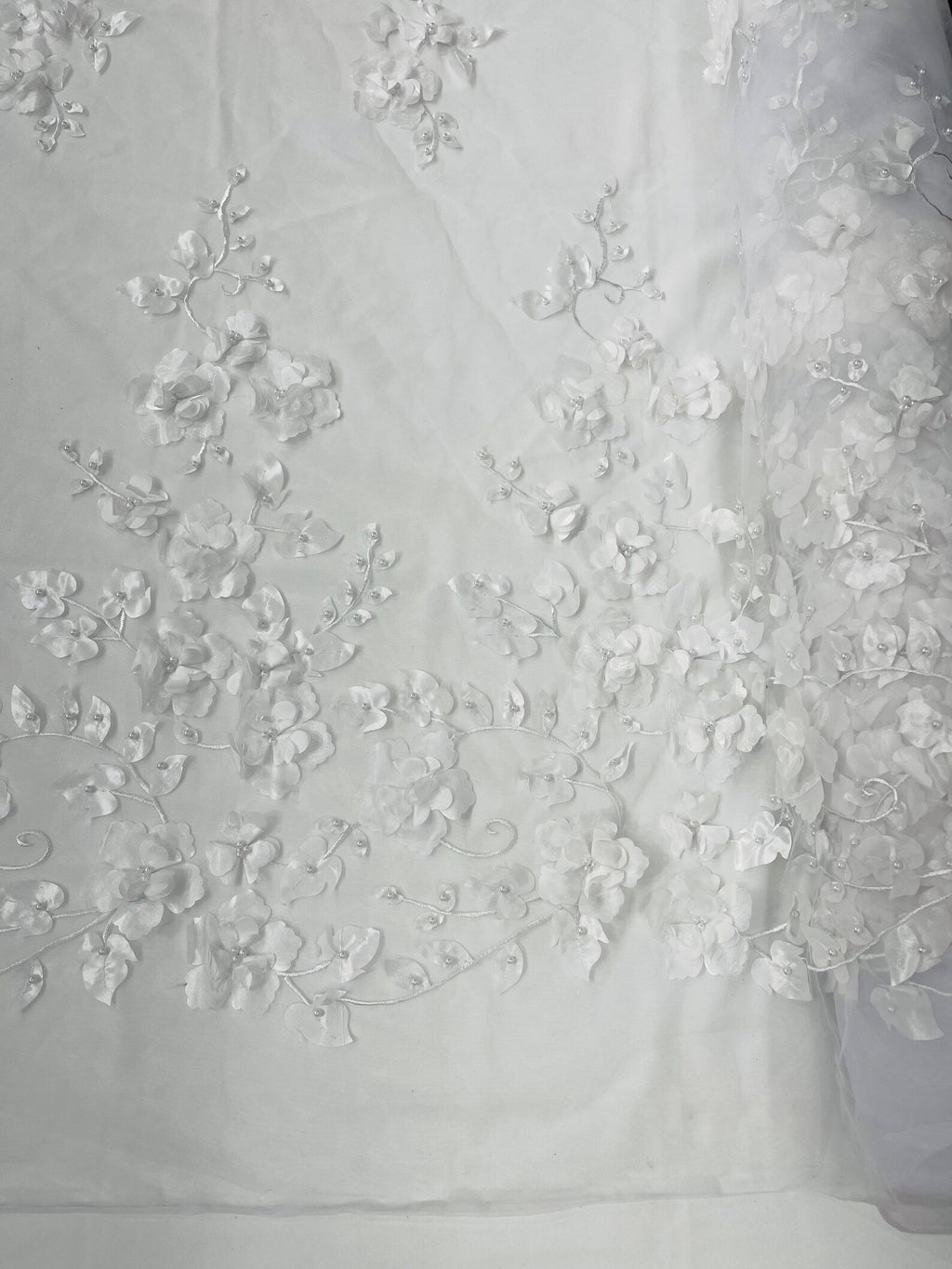 WHITE  - 3D Floral Design Embroider and Beaded With Rhinestones On a Mesh Lace. Sold By The Yard. - For Bridal Weddings Prom & Quinceanera