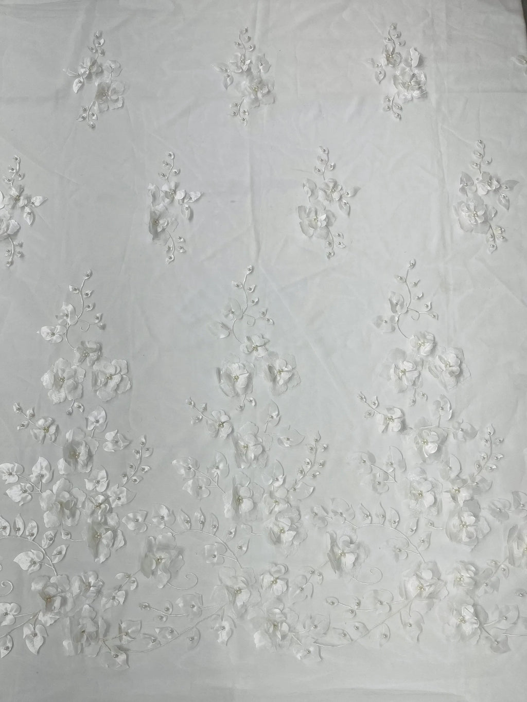 IVORY  - 3D Floral Design Embroider and Beaded With Rhinestones On a Mesh Lace. Sold By The Yard. - For Bridal Weddings Prom & Quinceanera