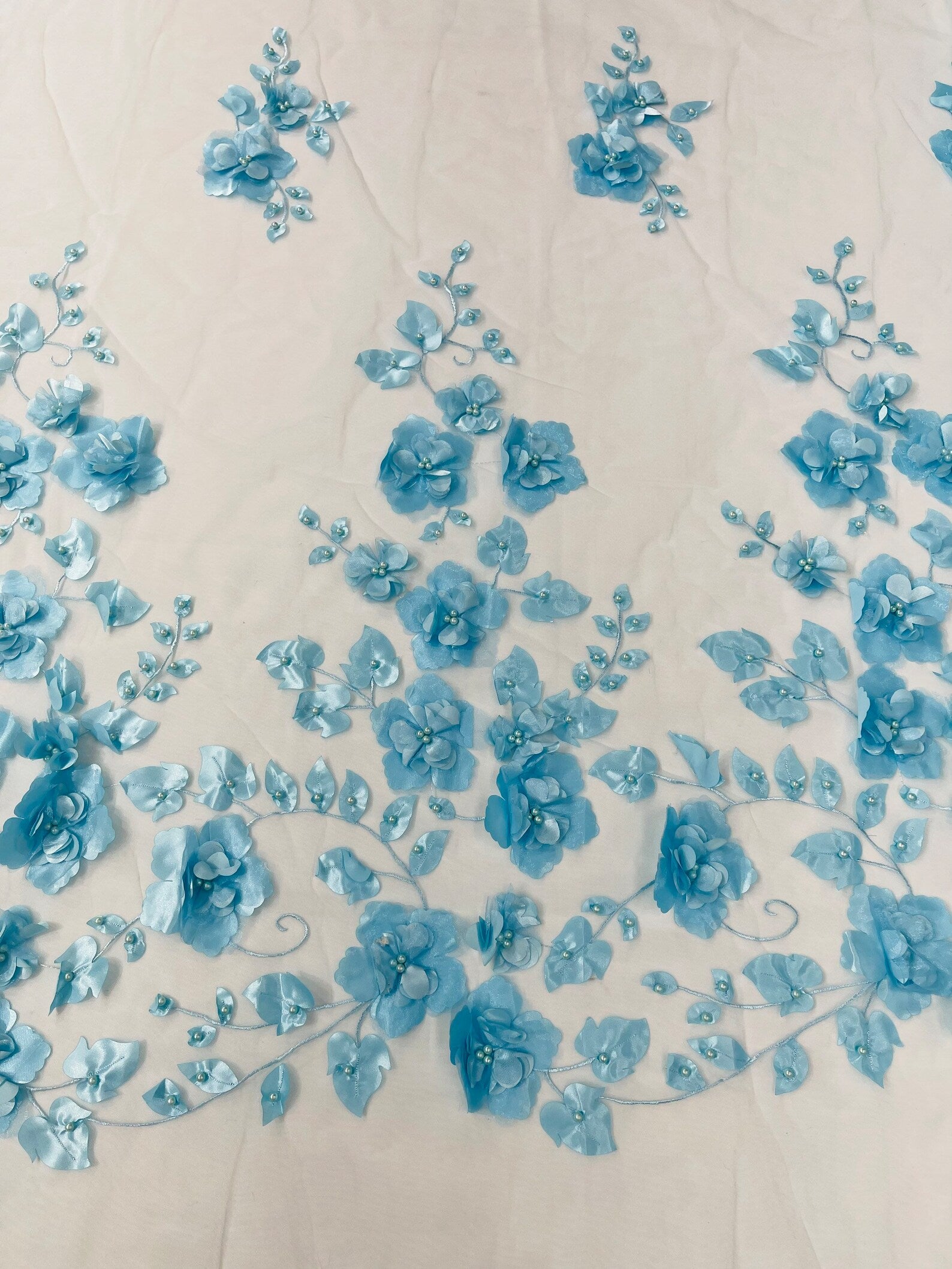 LT BLUE  - 3D Floral Design Embroider and Beaded With Rhinestones On a Mesh Lace. Sold By The Yard. - For Bridal Weddings Prom & Quinceanera