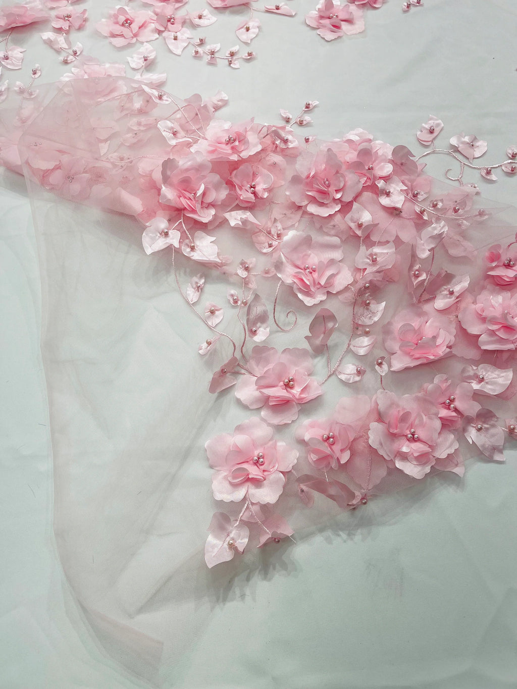 PINK  - 3D Floral Design Embroider and Beaded With Rhinestones On a Mesh Lace. Sold By The Yard. - For Bridal Weddings Prom & Quinceanera
