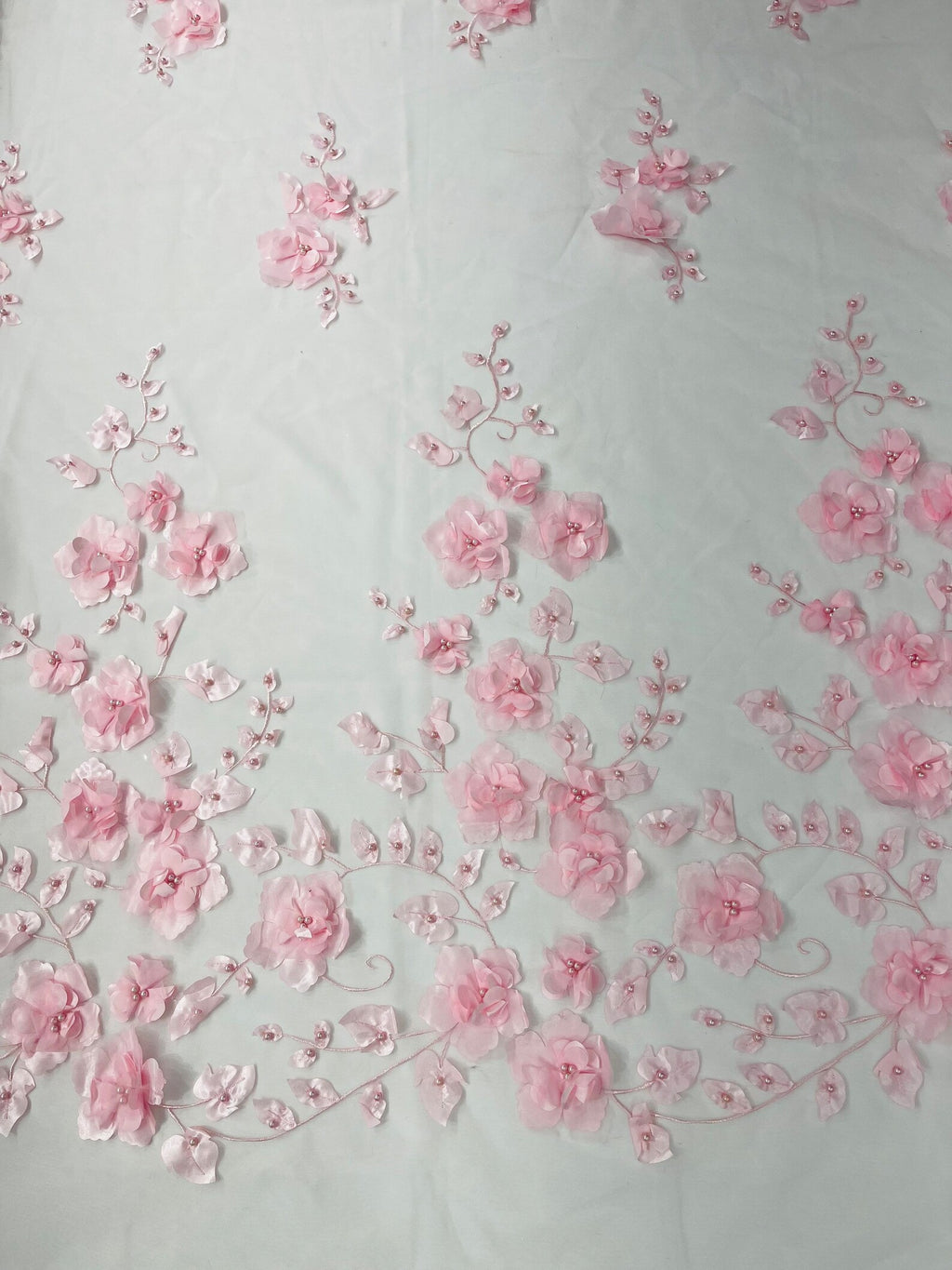 PINK  - 3D Floral Design Embroider and Beaded With Rhinestones On a Mesh Lace. Sold By The Yard. - For Bridal Weddings Prom & Quinceanera