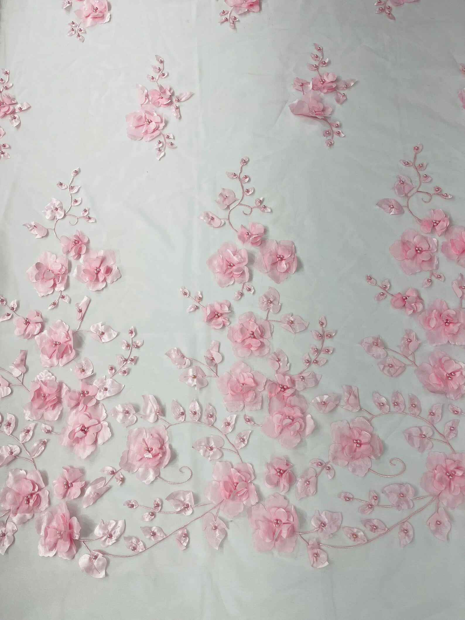 PINK  - 3D Floral Design Embroider and Beaded With Rhinestones On a Mesh Lace. Sold By The Yard. - For Bridal Weddings Prom & Quinceanera