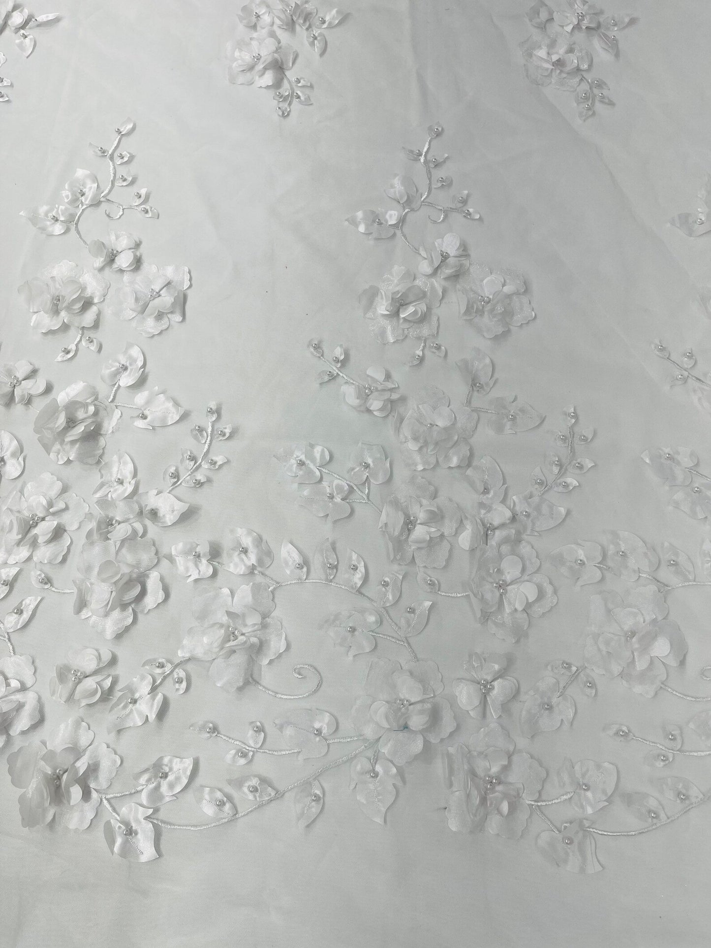 WHITE  - 3D Floral Design Embroider and Beaded With Rhinestones On a Mesh Lace. Sold By The Yard. - For Bridal Weddings Prom & Quinceanera