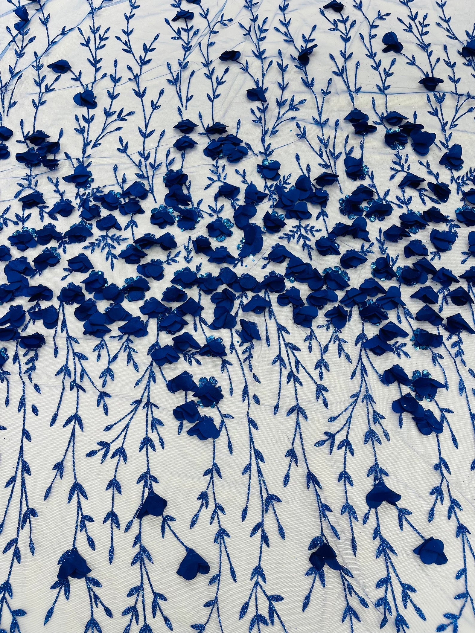 ROYAL BLUE - 3D Floral Design Embroider and Beaded With Rhinestones On a Mesh Lace. Sold By The Yard. - For Bridal Weddings Prom & Quinceanera
