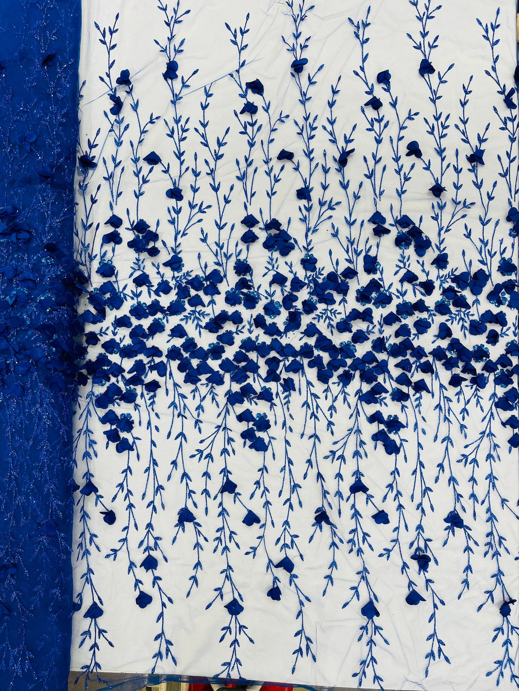 ROYAL BLUE - 3D Floral Design Embroider and Beaded With Rhinestones On a Mesh Lace. Sold By The Yard. - For Bridal Weddings Prom & Quinceanera