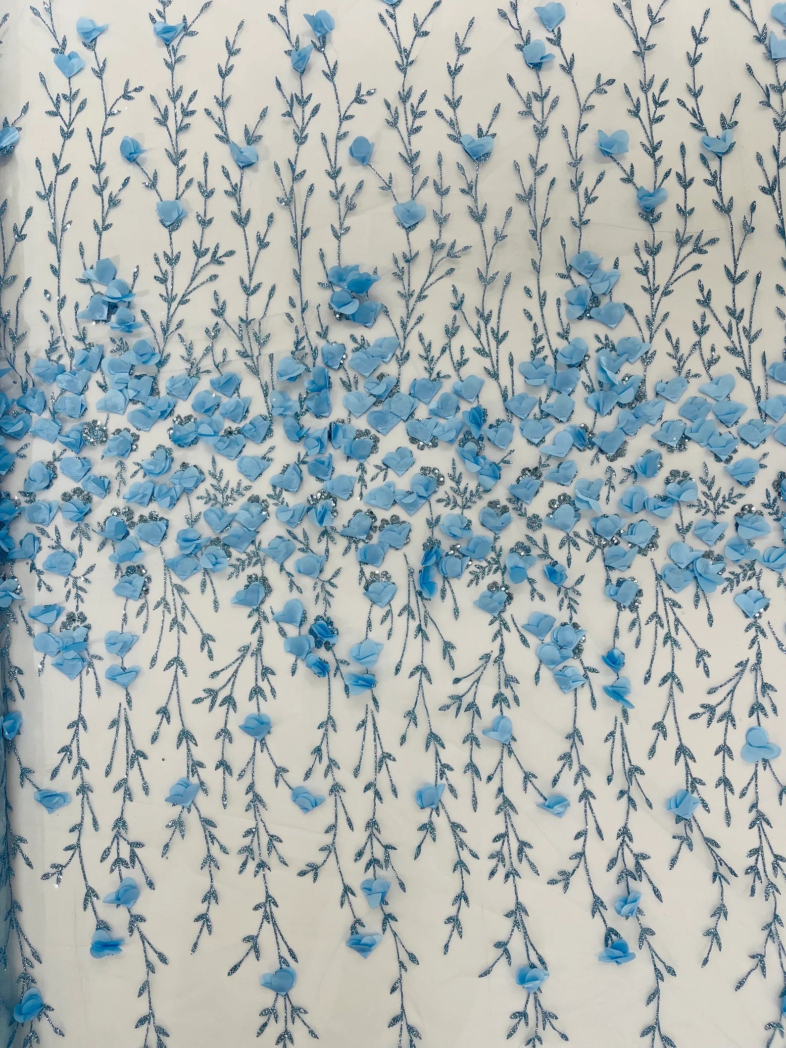 LT BLUE - 3D Floral Design Embroider and Beaded With Rhinestones On a Mesh Lace. Sold By The Yard. - For Bridal Weddings Prom & Quinceanera