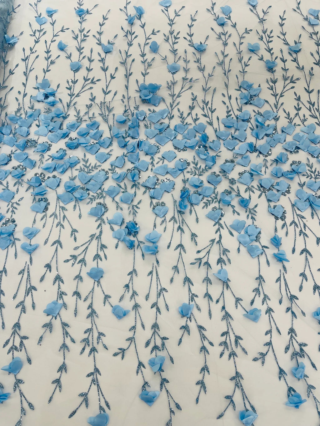 LT BLUE - 3D Floral Design Embroider and Beaded With Rhinestones On a Mesh Lace. Sold By The Yard. - For Bridal Weddings Prom & Quinceanera