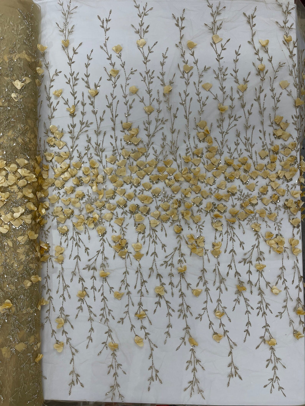 GOLD  - 3D Floral Design Embroider and Beaded With Rhinestones On a Mesh Lace. Sold By The Yard. - For Bridal Weddings Prom & Quinceanera
