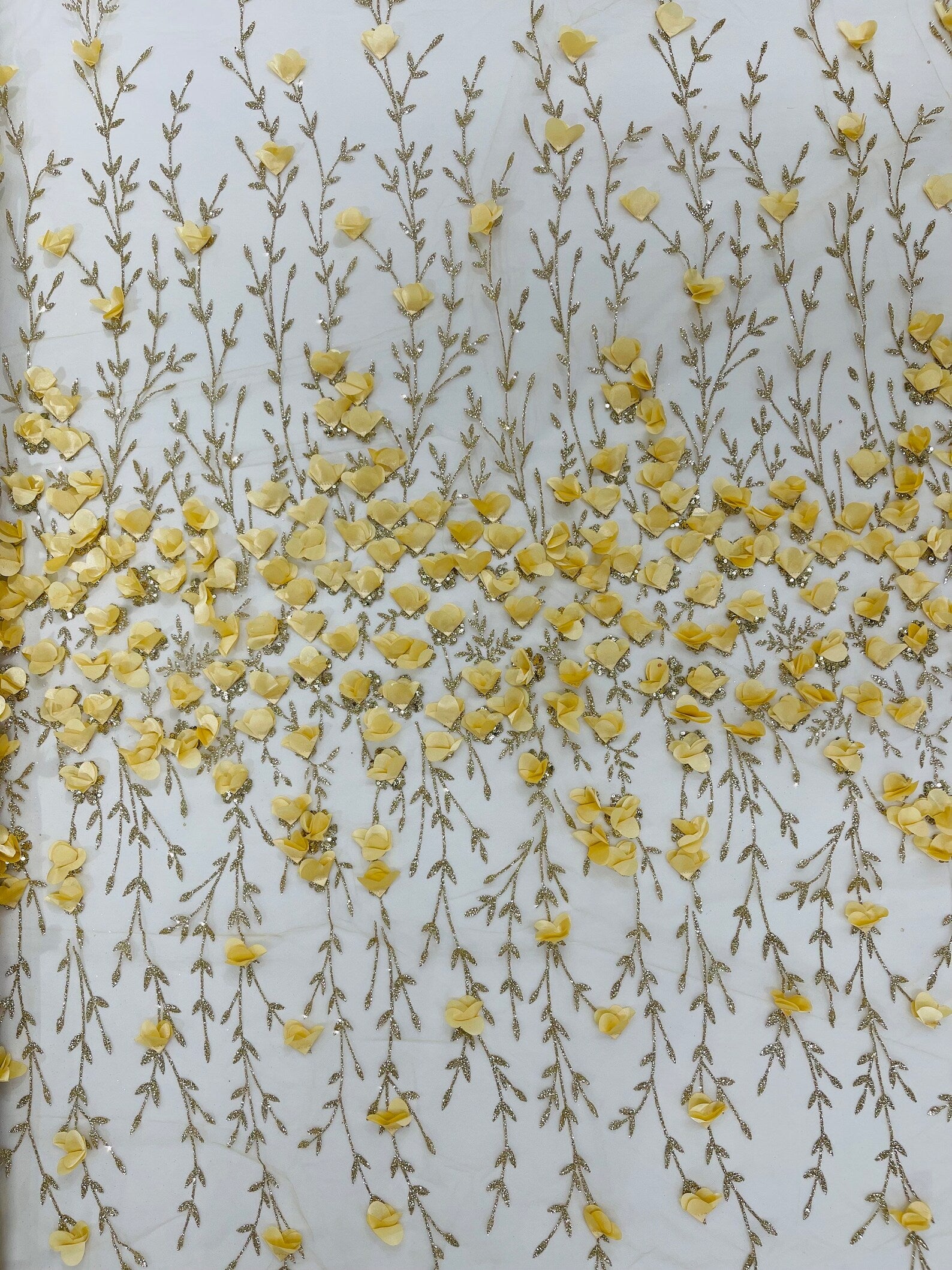 GOLD  - 3D Floral Design Embroider and Beaded With Rhinestones On a Mesh Lace. Sold By The Yard. - For Bridal Weddings Prom & Quinceanera