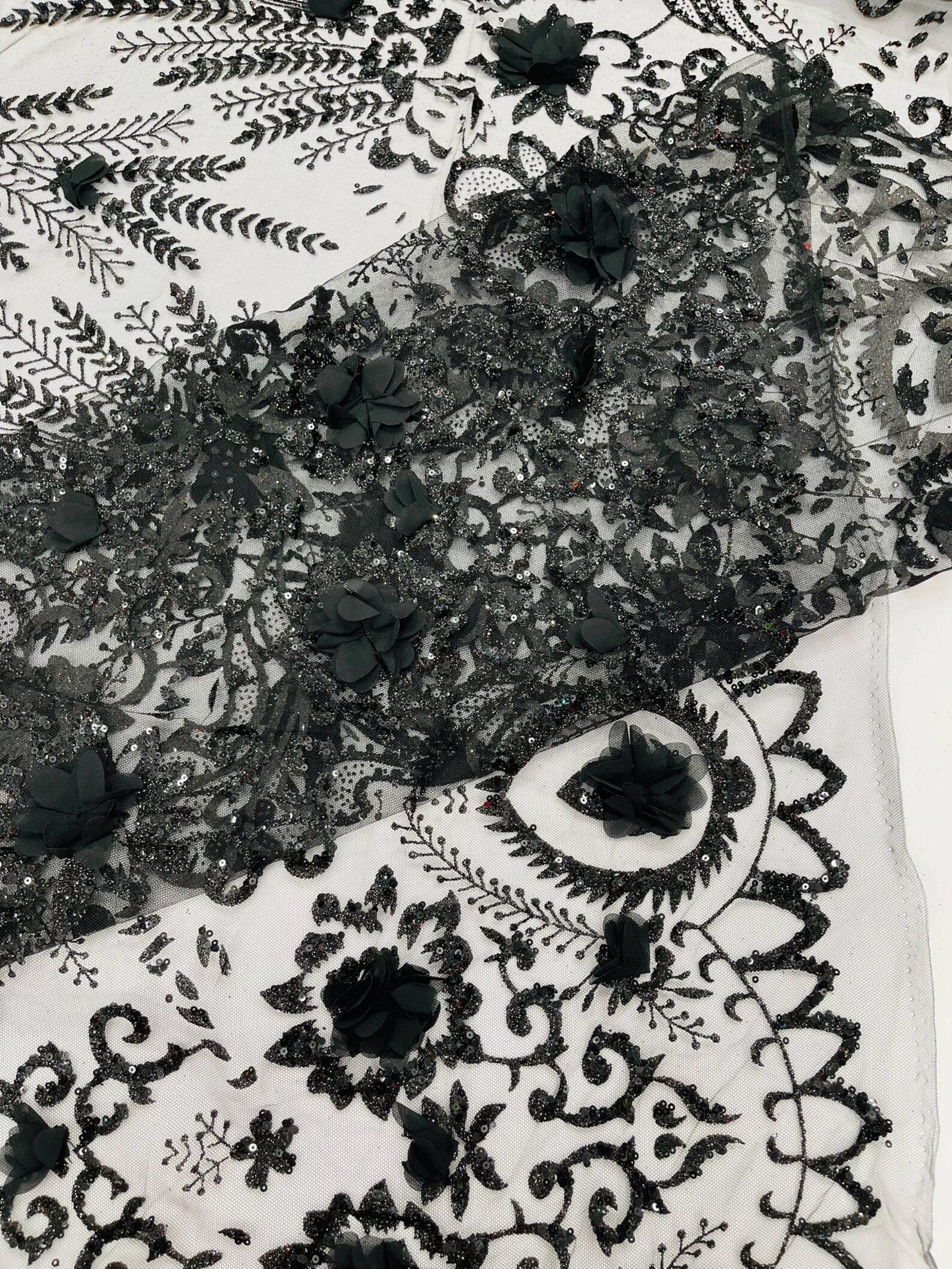 BLACK - Floral 3D Floral Damask with Glitter in a Mesh Lace- Sold By The Yard.