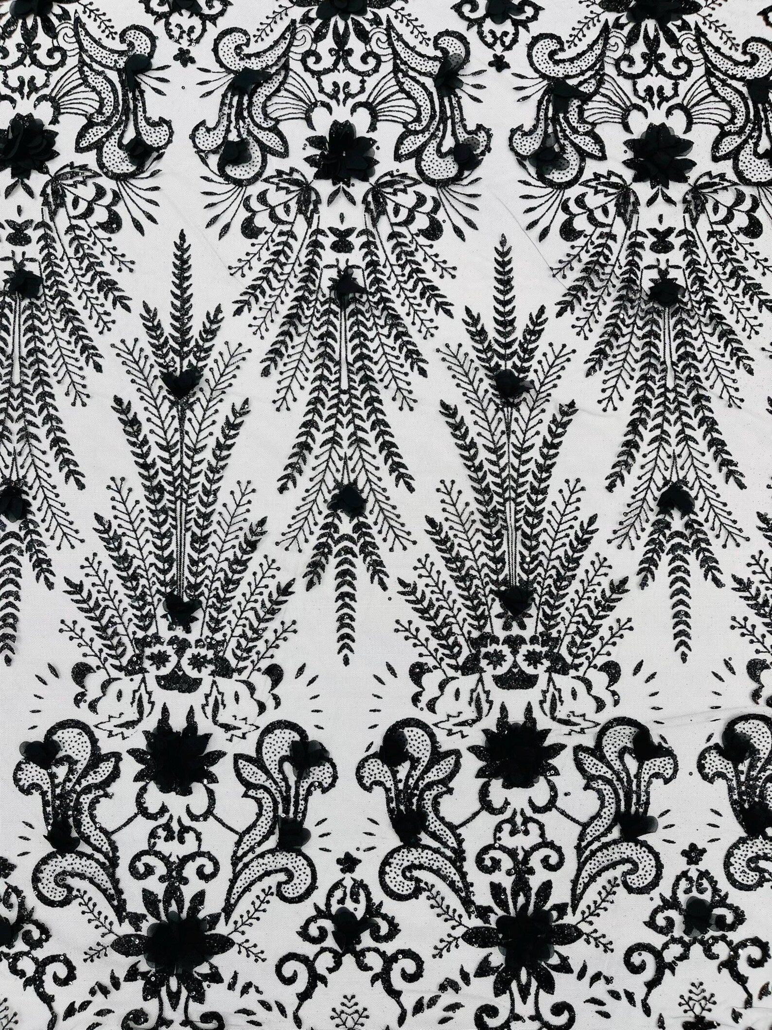 BLACK - Floral 3D Floral Damask with Glitter in a Mesh Lace- Sold By The Yard.