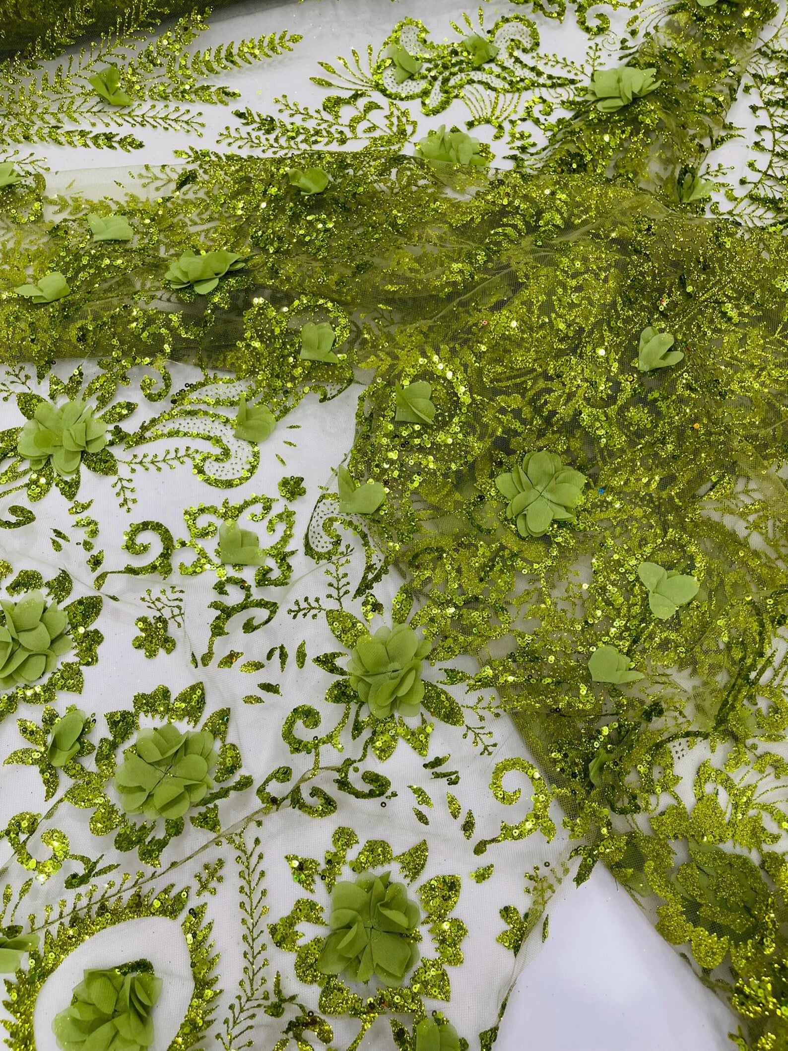 OLIVE - Floral 3D Floral Damask with Glitter in a Mesh Lace- Sold By The Yard.