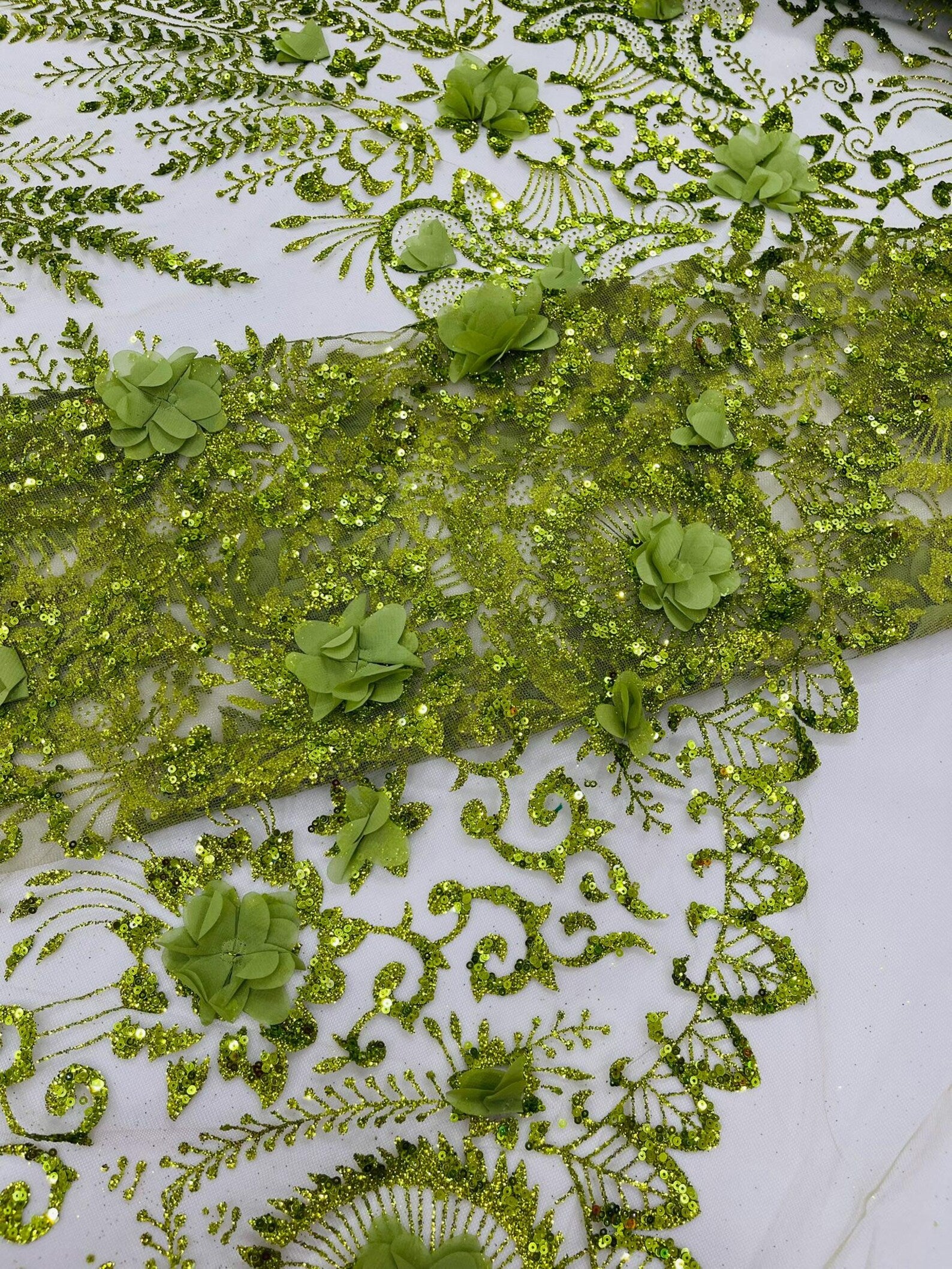 OLIVE - Floral 3D Floral Damask with Glitter in a Mesh Lace- Sold By The Yard.