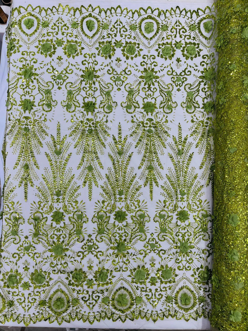 OLIVE - Floral 3D Floral Damask with Glitter in a Mesh Lace- Sold By The Yard.