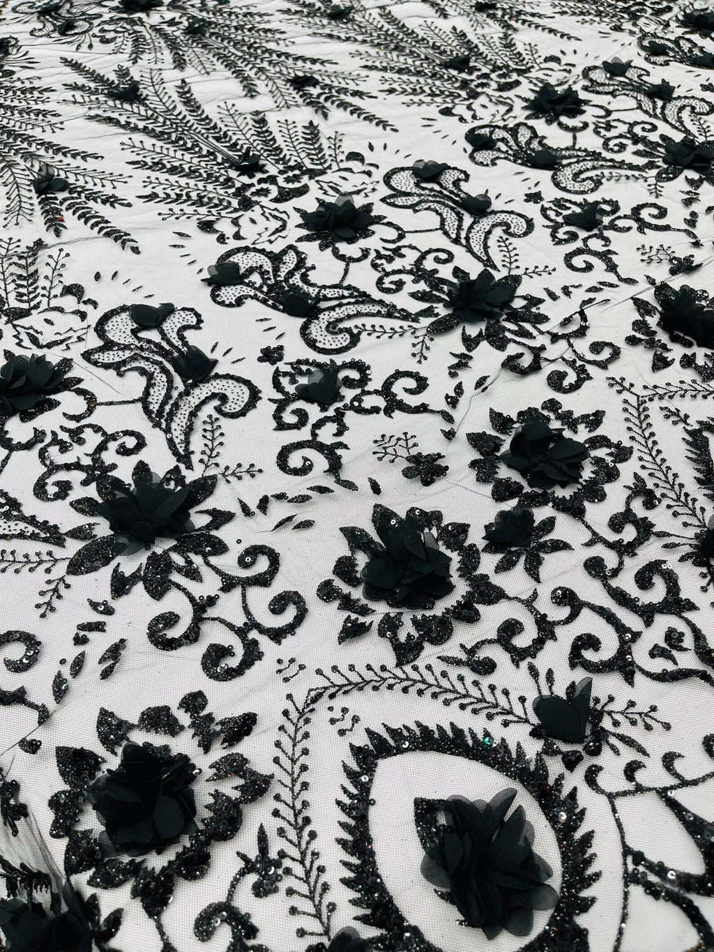 BLACK - Floral 3D Floral Damask with Glitter in a Mesh Lace- Sold By The Yard.
