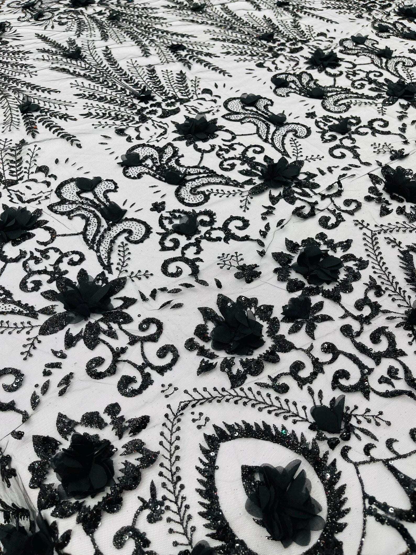 BLACK - Floral 3D Floral Damask with Glitter in a Mesh Lace- Sold By The Yard.