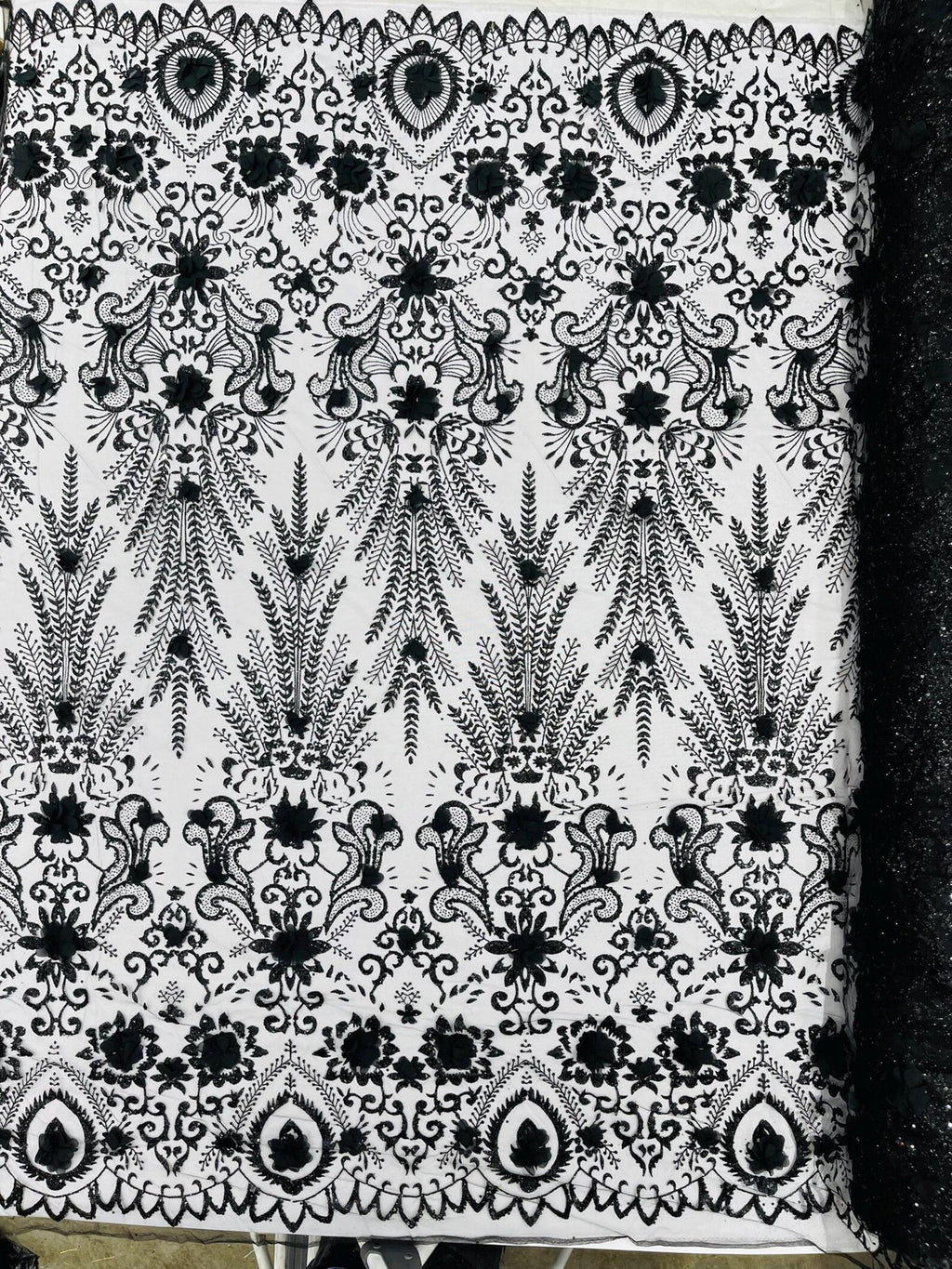 BLACK - Floral 3D Floral Damask with Glitter in a Mesh Lace- Sold By The Yard.