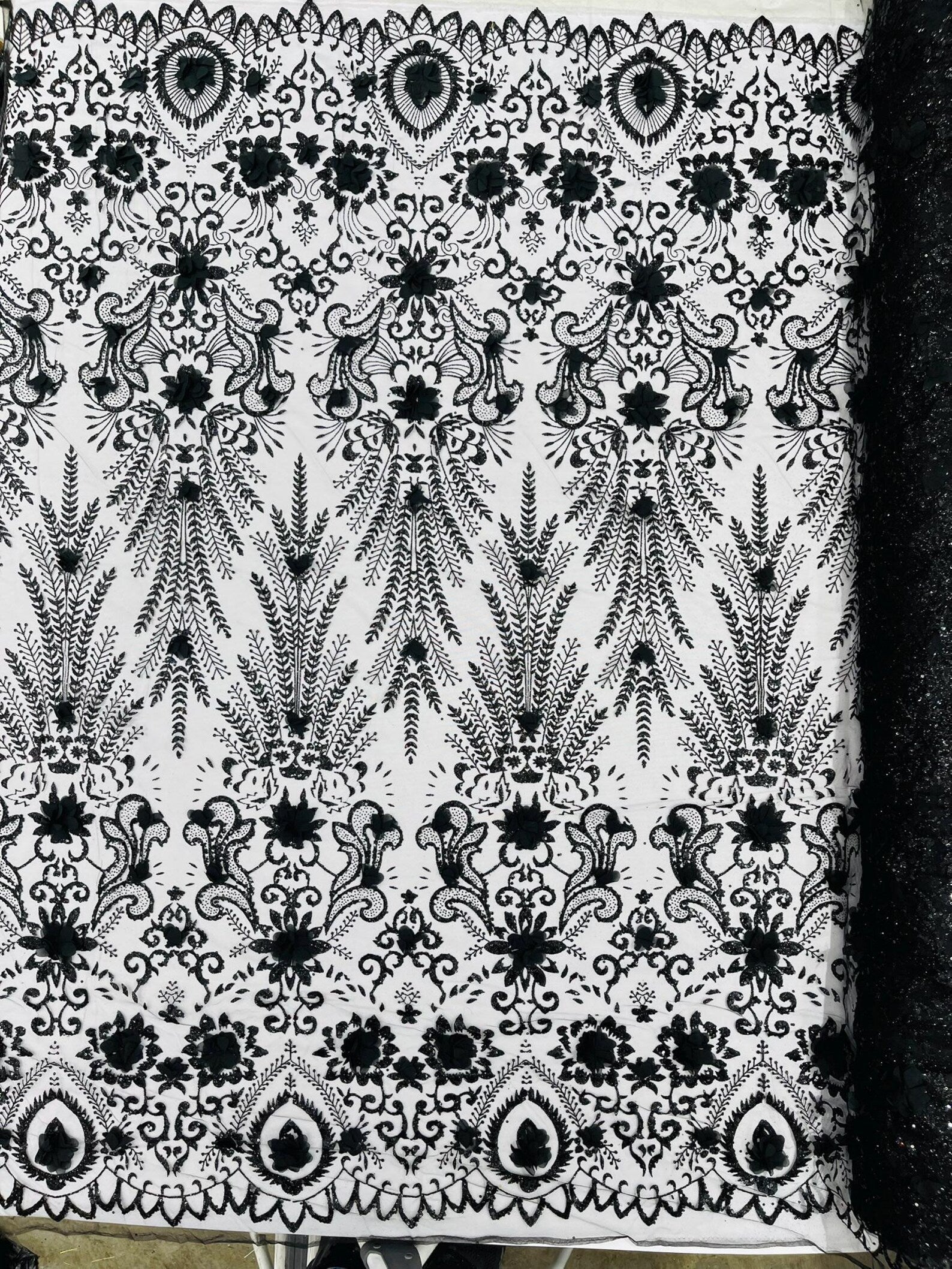 BLACK - Floral 3D Floral Damask with Glitter in a Mesh Lace- Sold By The Yard.