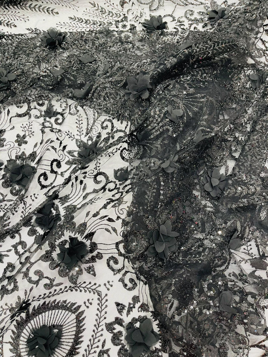 BLACK - Floral 3D Floral Damask with Glitter in a Mesh Lace- Sold By The Yard.