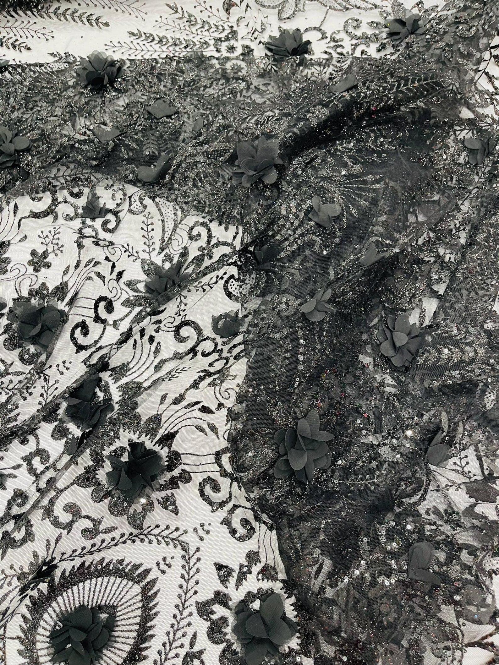 BLACK - Floral 3D Floral Damask with Glitter in a Mesh Lace- Sold By The Yard.