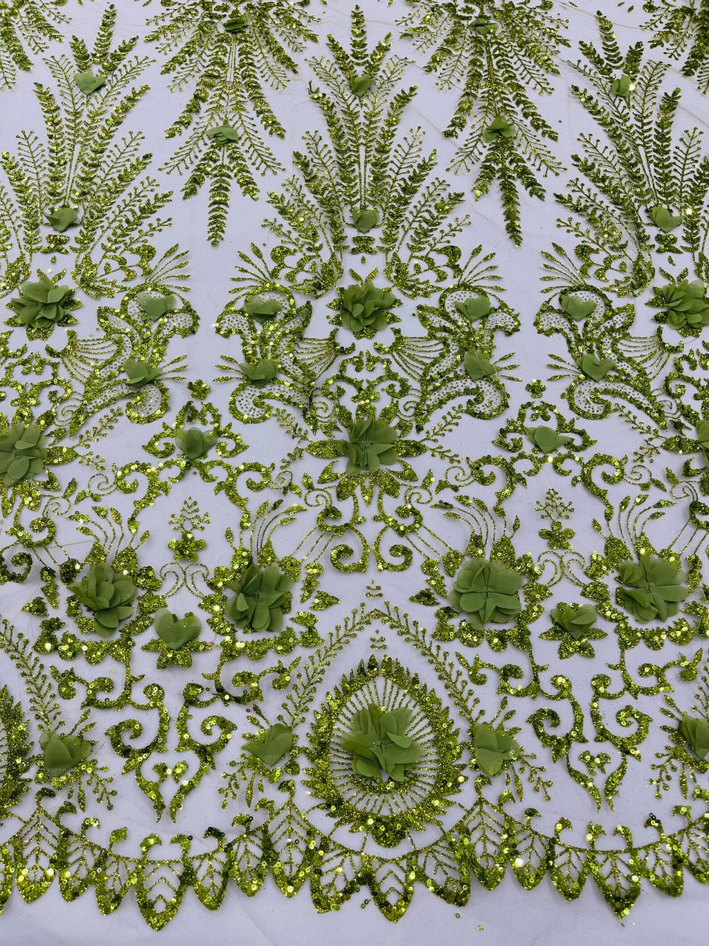 OLIVE - Floral 3D Floral Damask with Glitter in a Mesh Lace- Sold By The Yard.