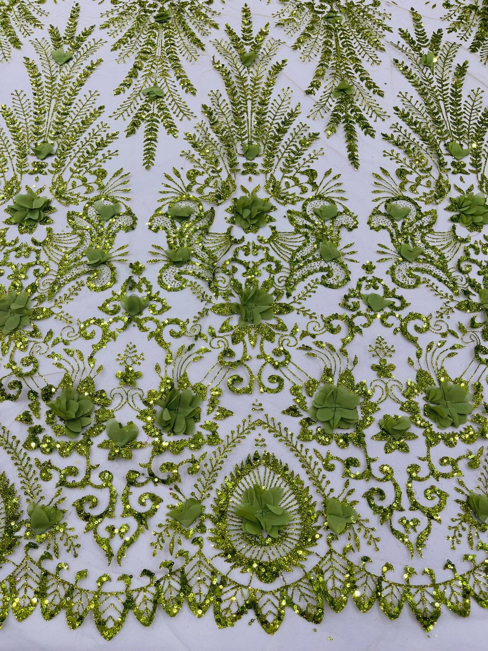 OLIVE - Floral 3D Floral Damask with Glitter in a Mesh Lace- Sold By The Yard.
