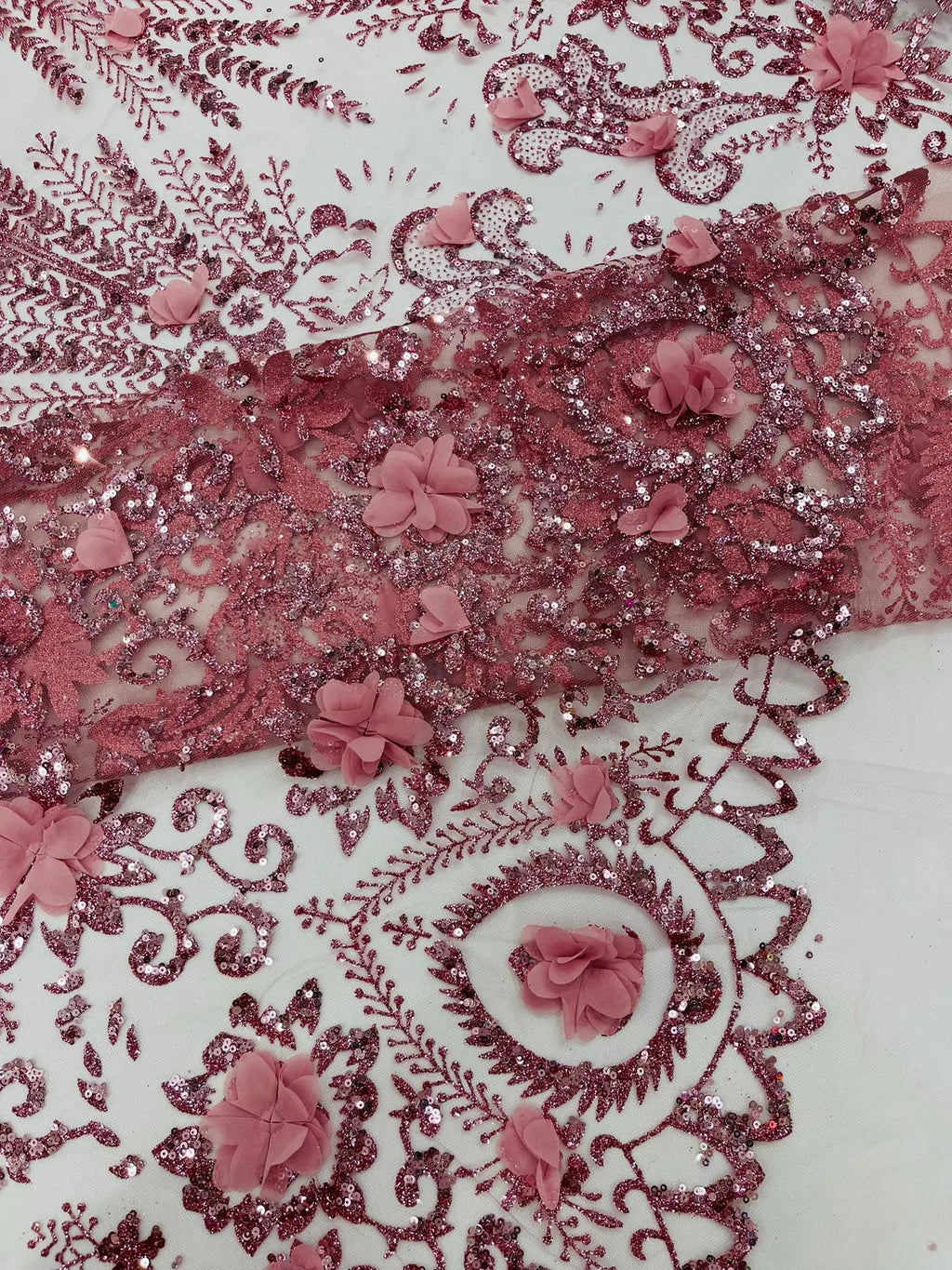 DUSTY ROSE - Floral 3D Floral Damask with Glitter in a Mesh Lace- Sold By The Yard.