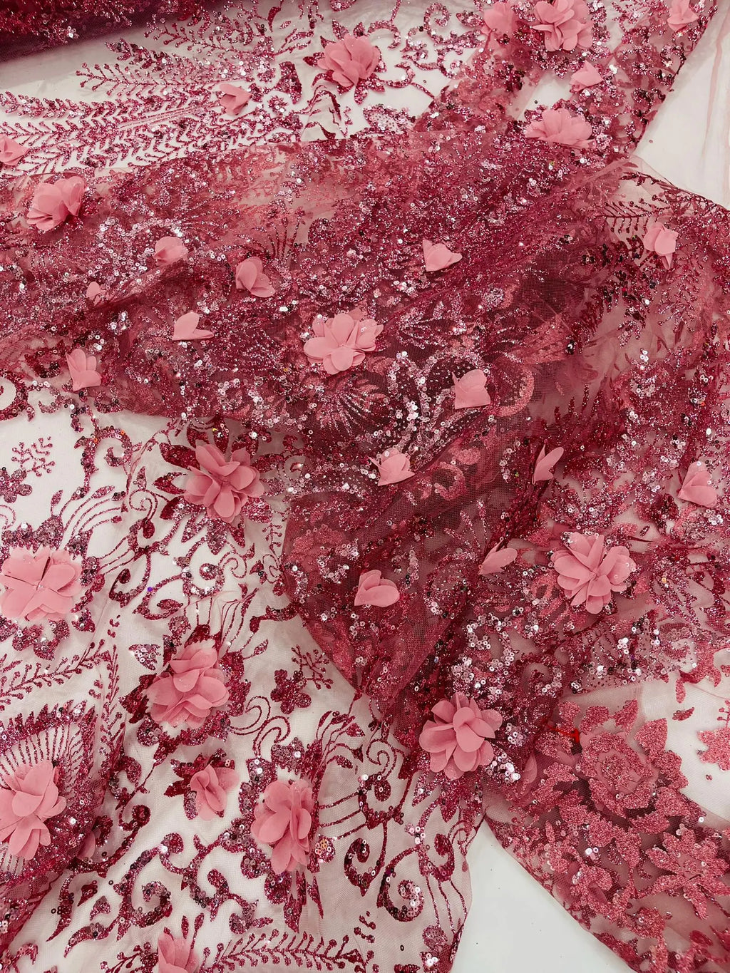 DUSTY ROSE - Floral 3D Floral Damask with Glitter in a Mesh Lace- Sold By The Yard.