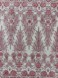 DUSTY ROSE - Floral 3D Floral Damask with Glitter in a Mesh Lace- Sold By The Yard.