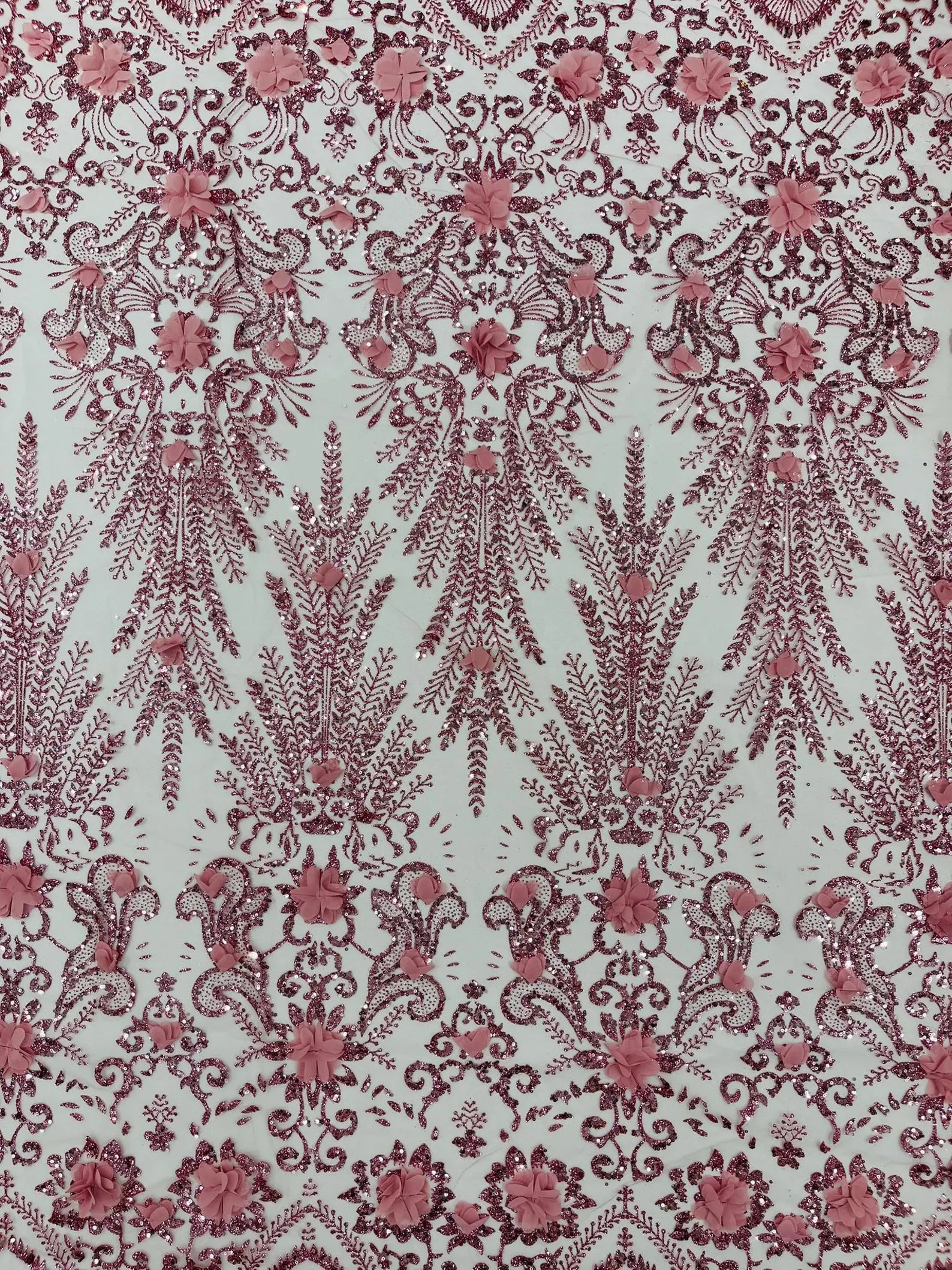 DUSTY ROSE - Floral 3D Floral Damask with Glitter in a Mesh Lace- Sold By The Yard.