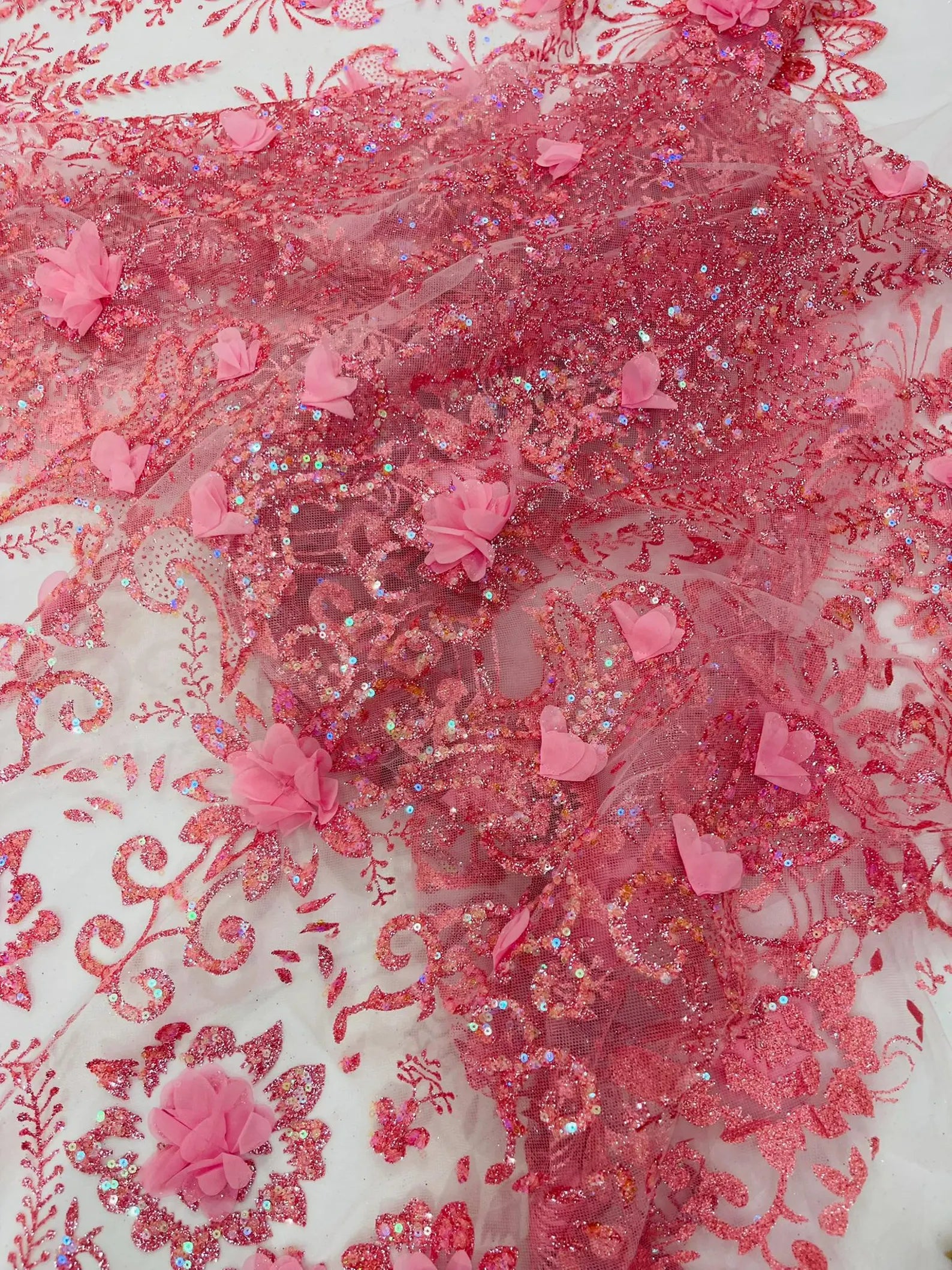 PINK - Floral 3D Floral Damask with Glitter in a Mesh Lace- Sold By The Yard.