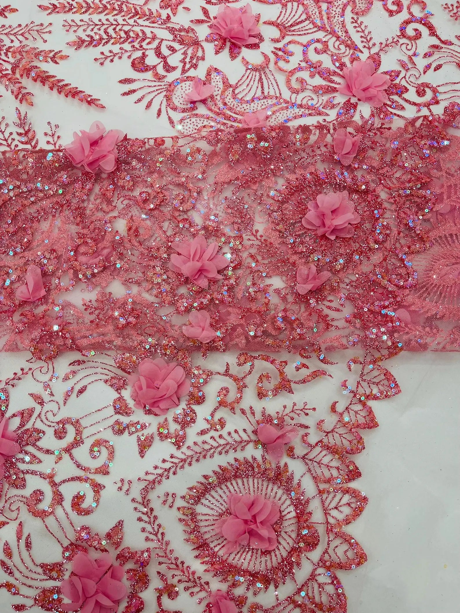 PINK - Floral 3D Floral Damask with Glitter in a Mesh Lace- Sold By The Yard.