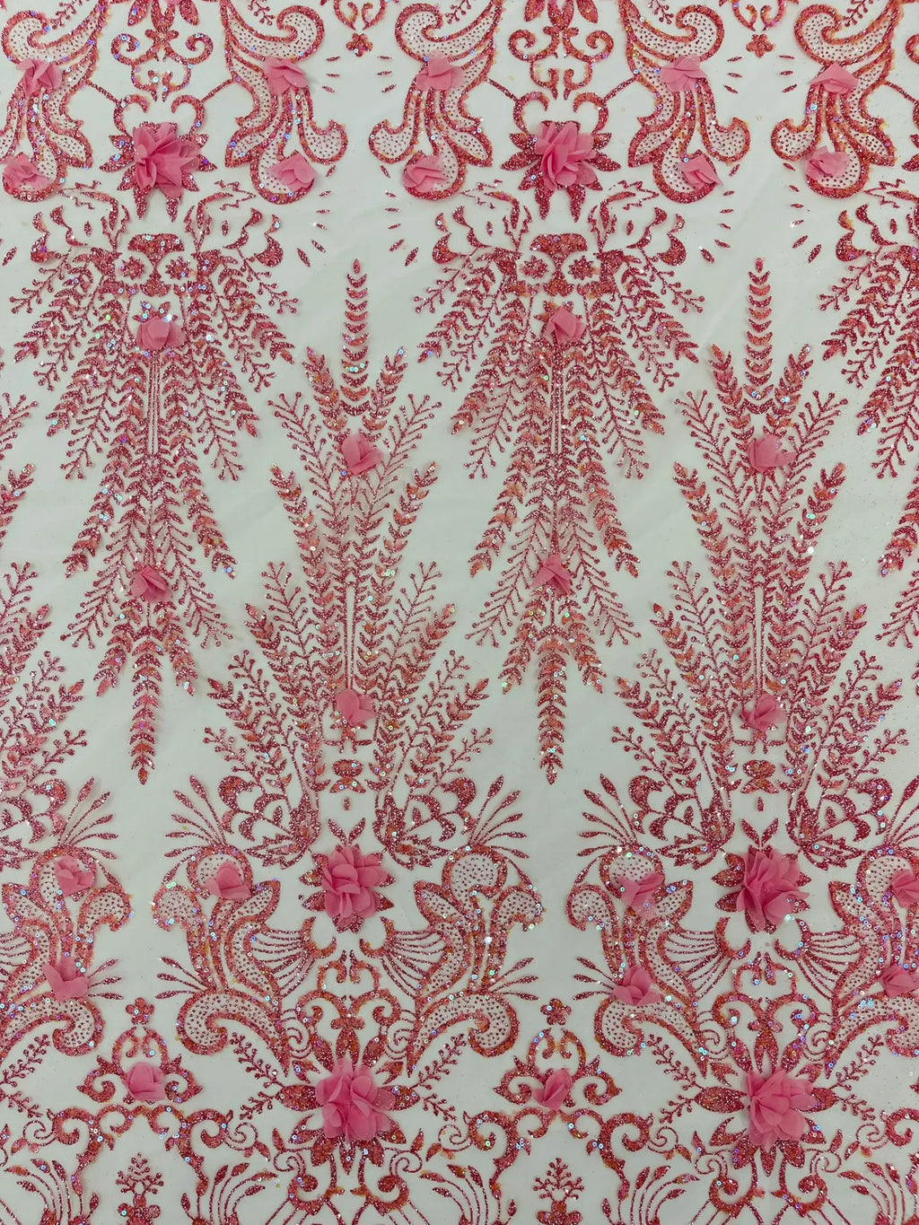 PINK - Floral 3D Floral Damask with Glitter in a Mesh Lace- Sold By The Yard.