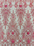 PINK - Floral 3D Floral Damask with Glitter in a Mesh Lace- Sold By The Yard.