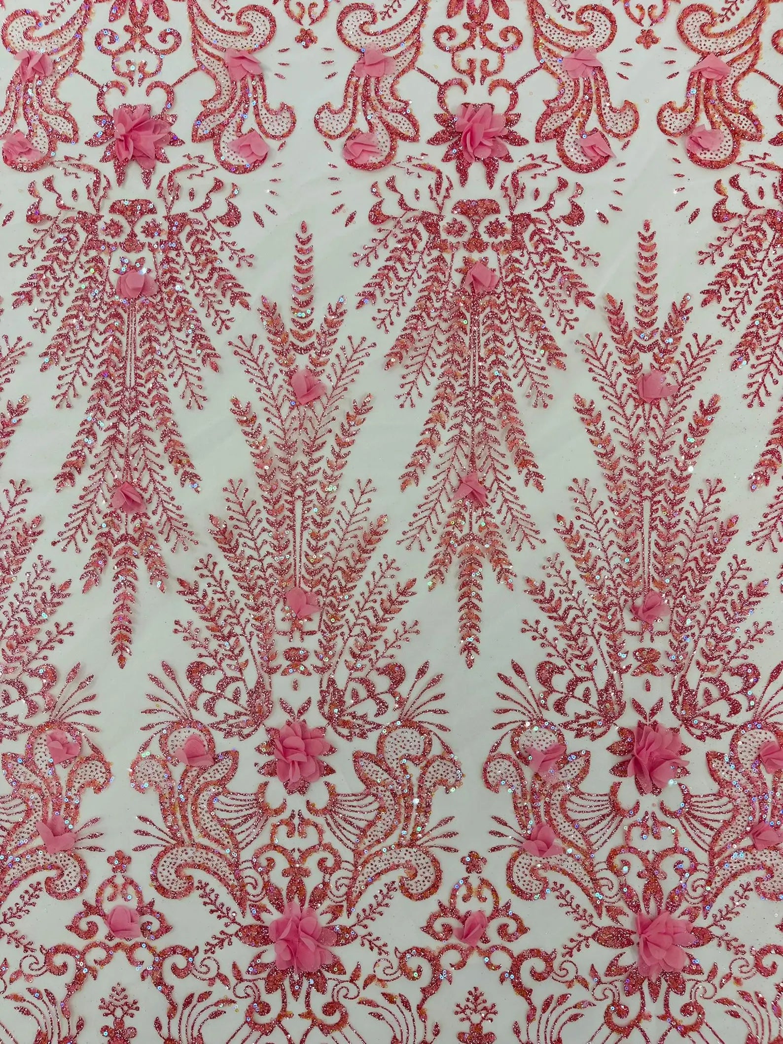 PINK - Floral 3D Floral Damask with Glitter in a Mesh Lace- Sold By The Yard.