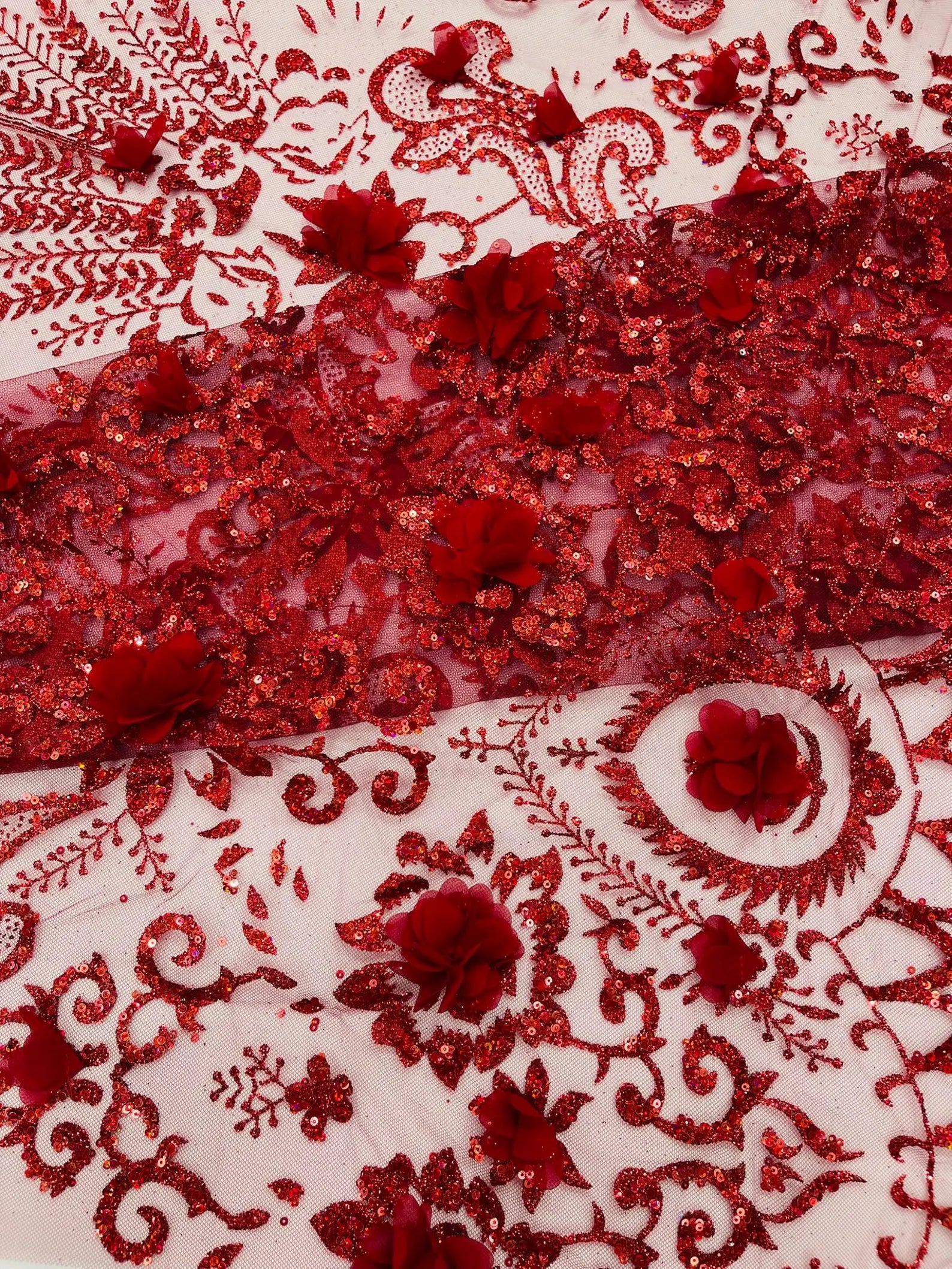 BURGUNDY - Floral 3D Floral Damask with Glitter in a Mesh Lace- Sold By The Yard.