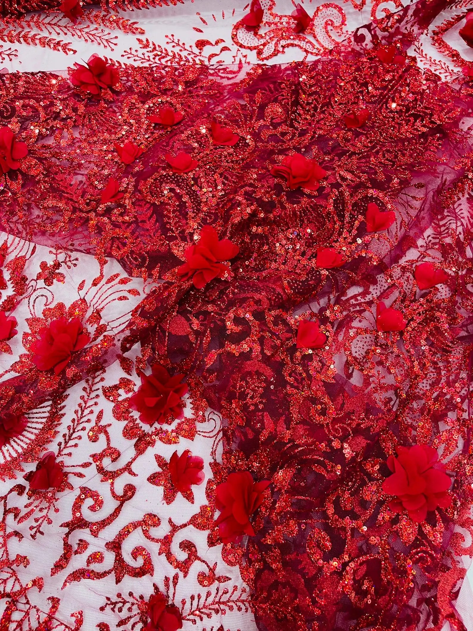 BURGUNDY - Floral 3D Floral Damask with Glitter in a Mesh Lace- Sold By The Yard.
