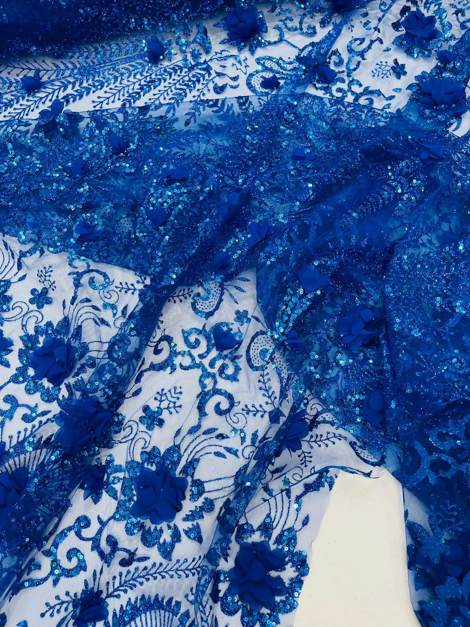ROYAL BLUE - Floral 3D Floral Damask with Glitter in a Mesh Lace- Sold By The Yard.