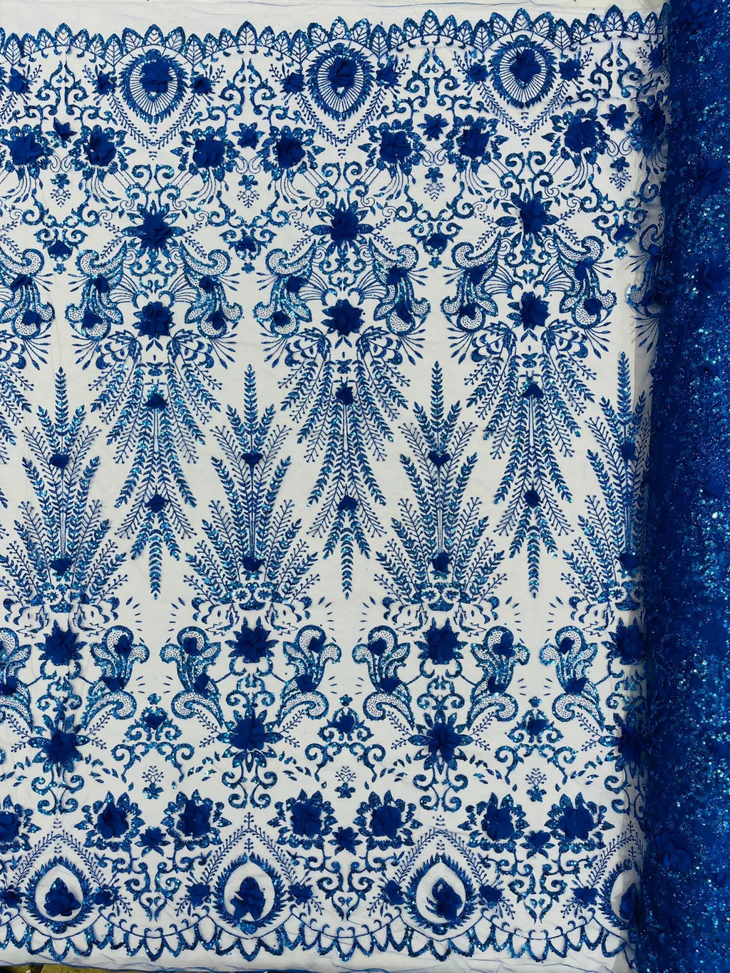ROYAL BLUE - Floral 3D Floral Damask with Glitter in a Mesh Lace- Sold By The Yard.