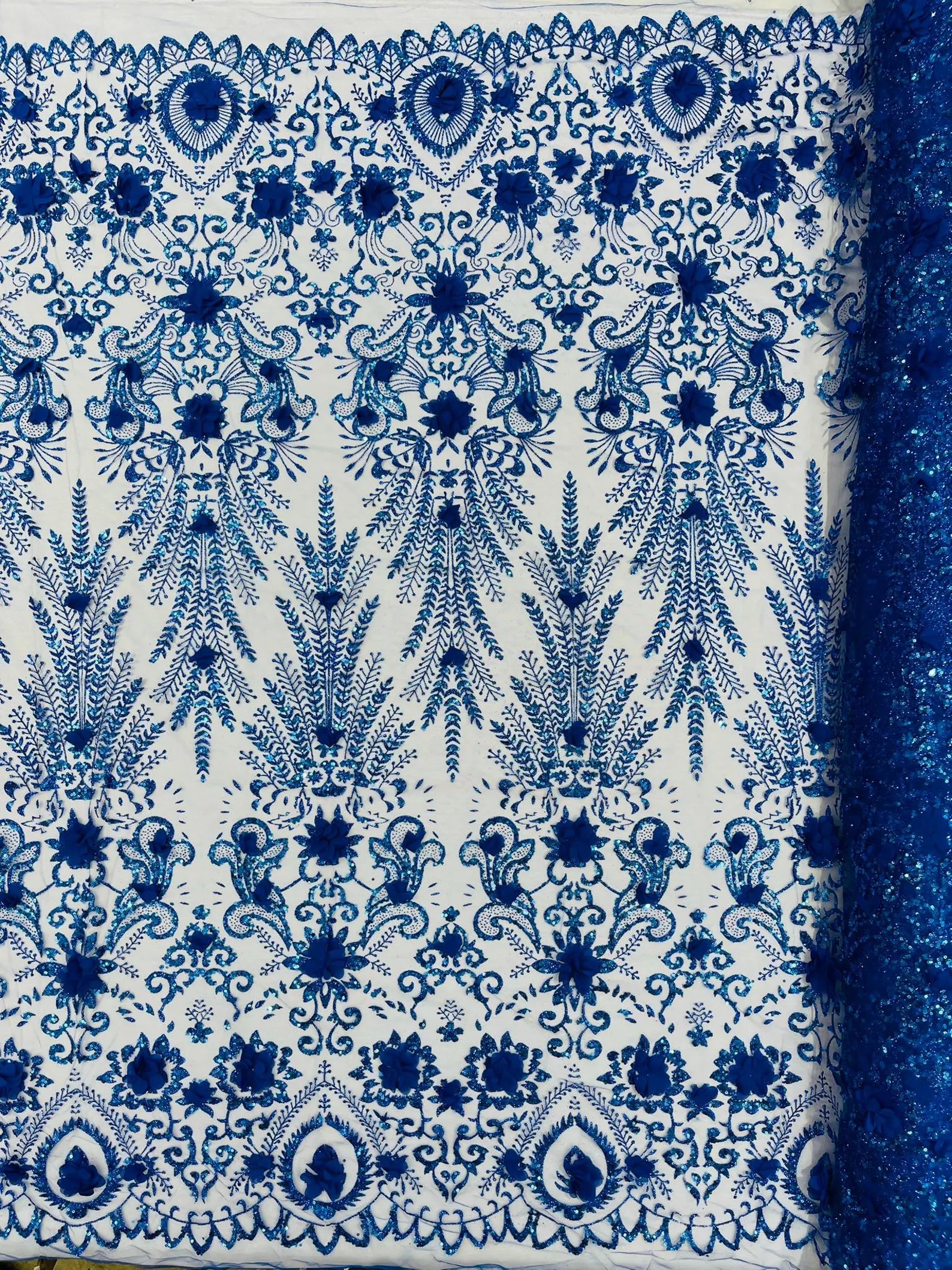 ROYAL BLUE - Floral 3D Floral Damask with Glitter in a Mesh Lace- Sold By The Yard.