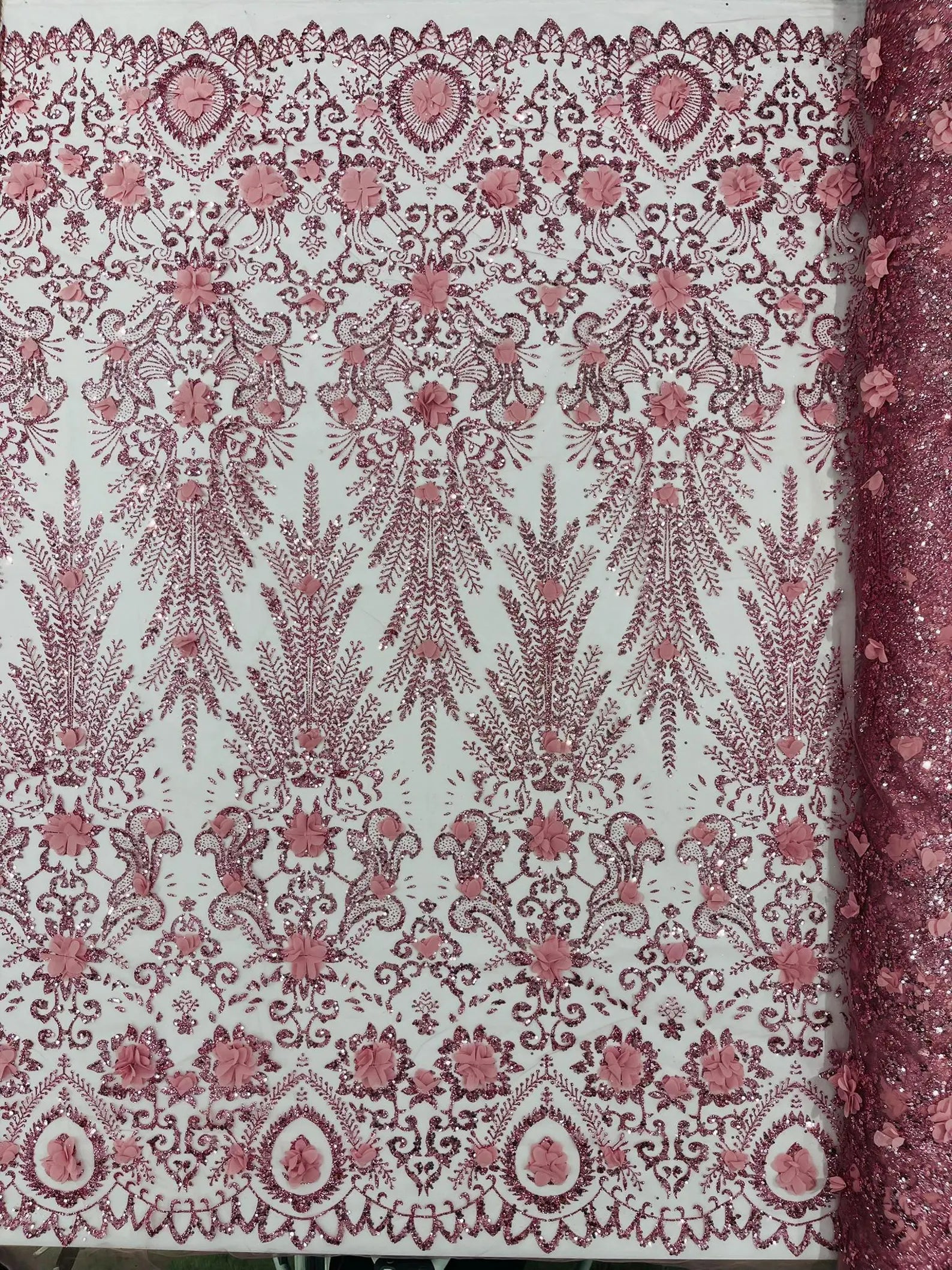 DUSTY ROSE - Floral 3D Floral Damask with Glitter in a Mesh Lace- Sold By The Yard.