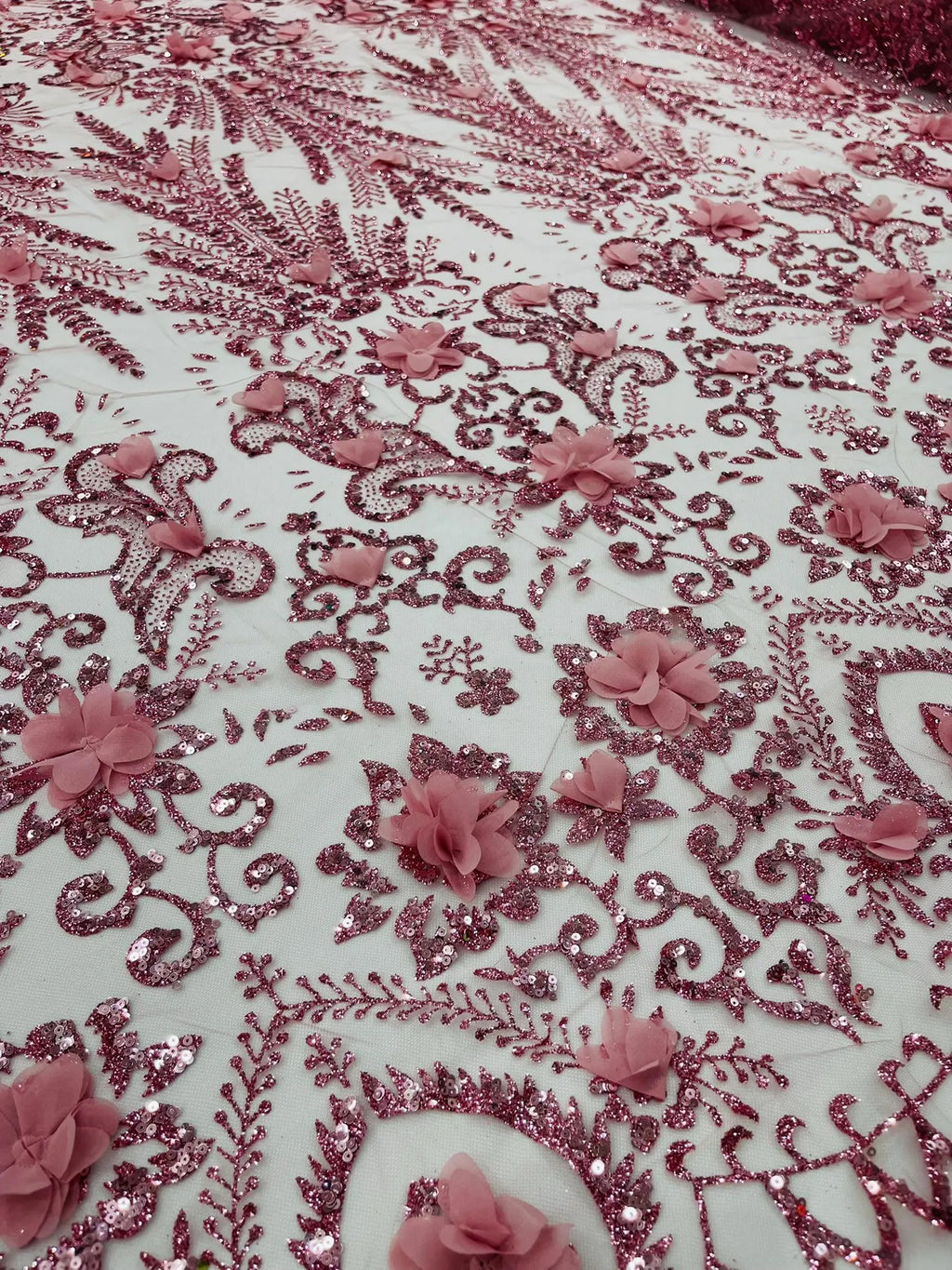 DUSTY ROSE - Floral 3D Floral Damask with Glitter in a Mesh Lace- Sold By The Yard.