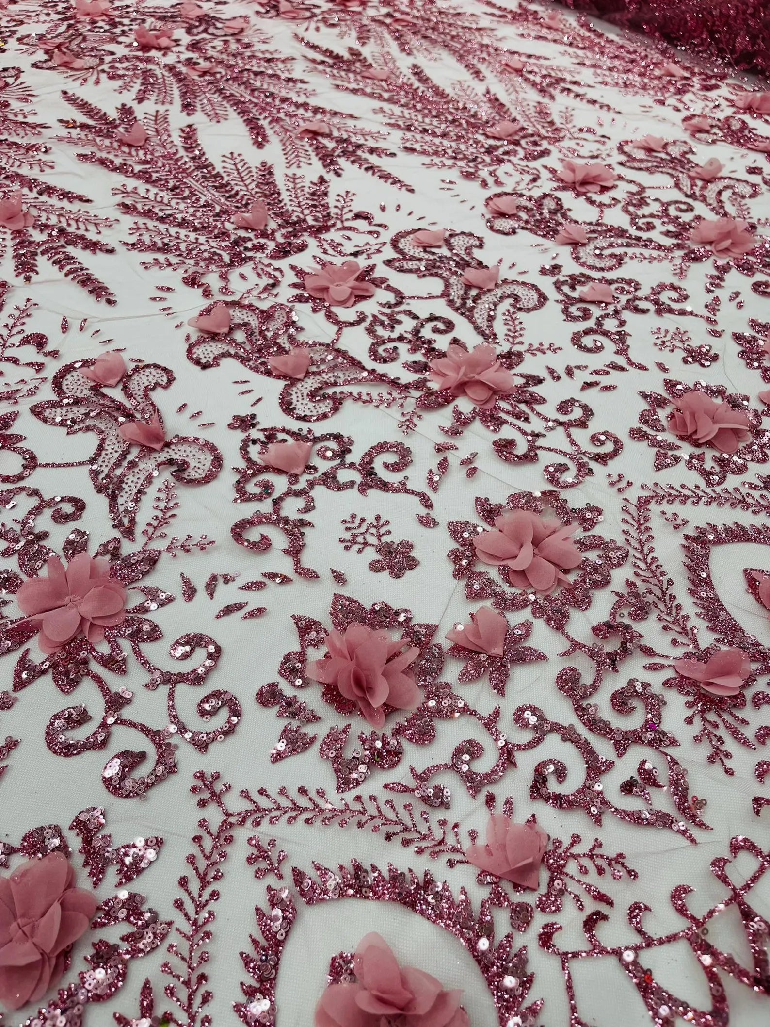 DUSTY ROSE - Floral 3D Floral Damask with Glitter in a Mesh Lace- Sold By The Yard.