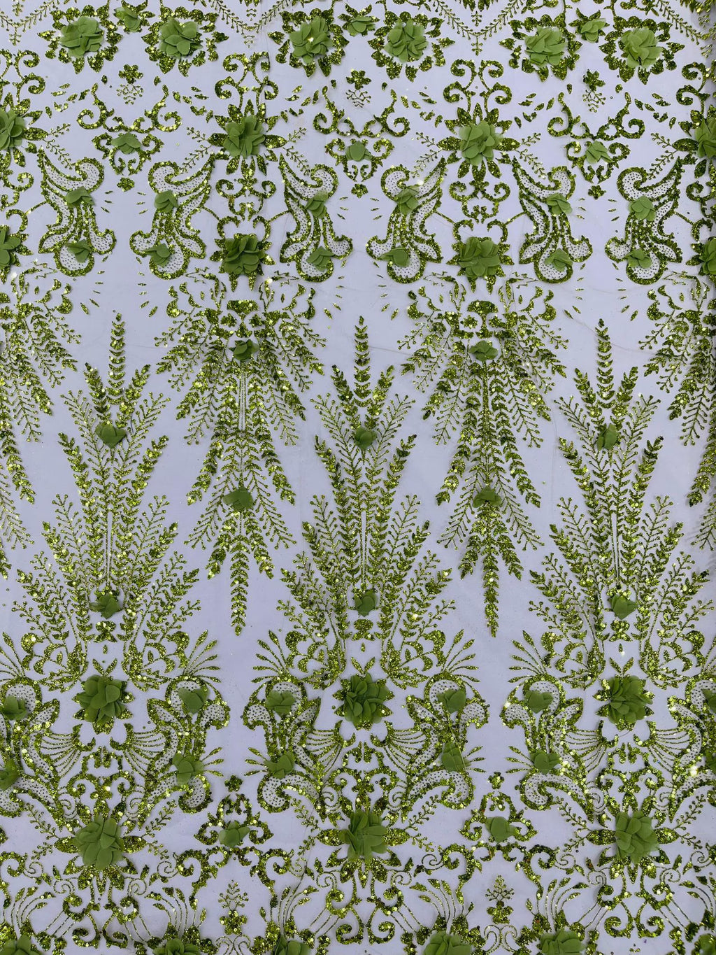 OLIVE - Floral 3D Floral Damask with Glitter in a Mesh Lace- Sold By The Yard.