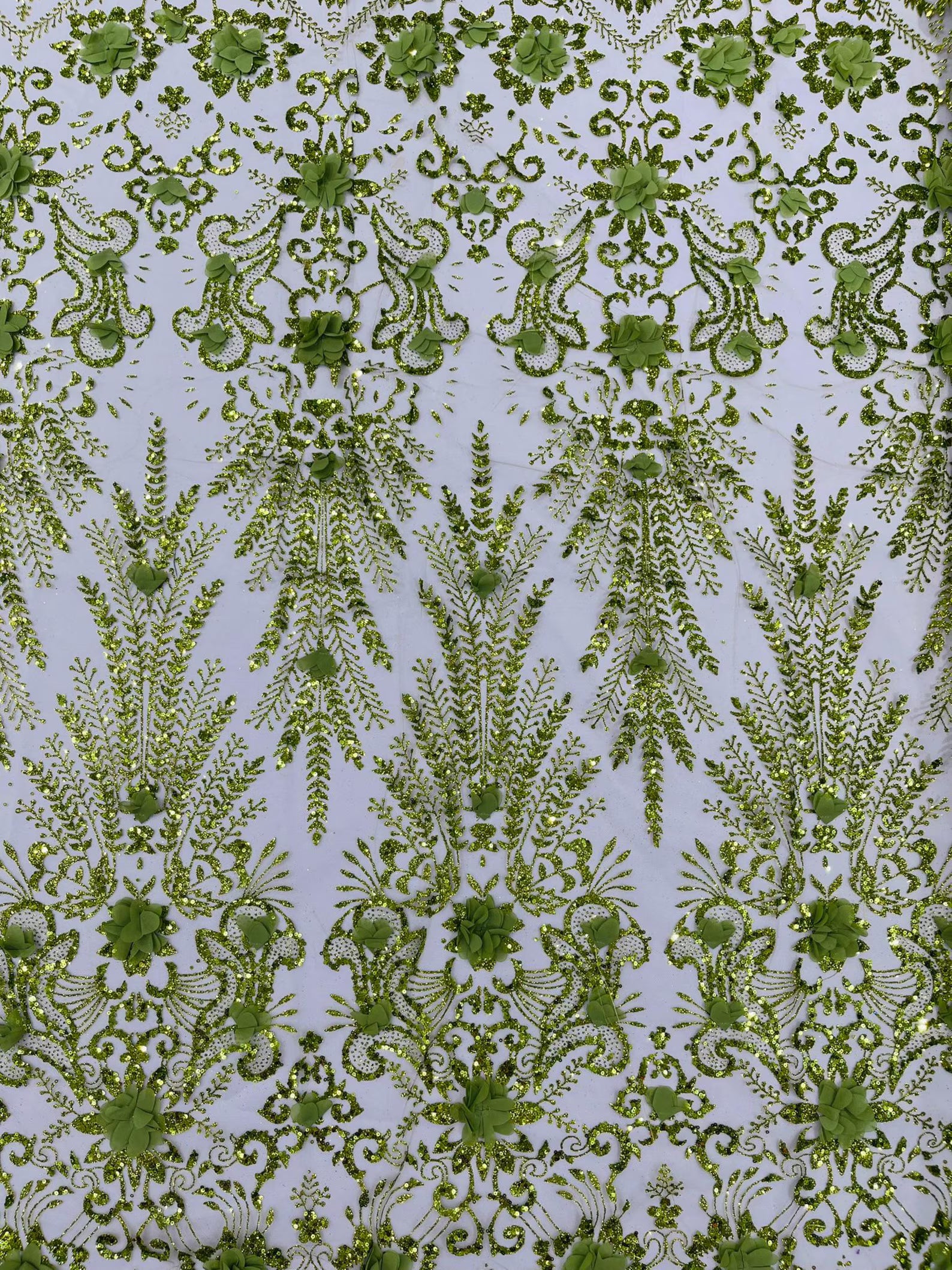 OLIVE - Floral 3D Floral Damask with Glitter in a Mesh Lace- Sold By The Yard.