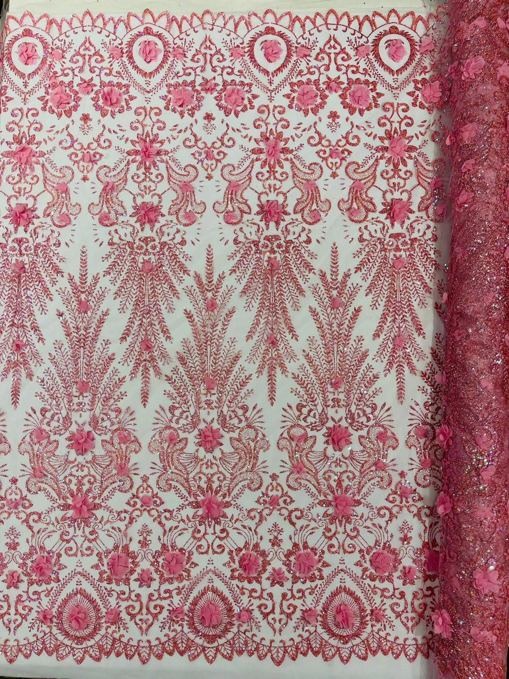 PINK - Floral 3D Floral Damask with Glitter in a Mesh Lace- Sold By The Yard.